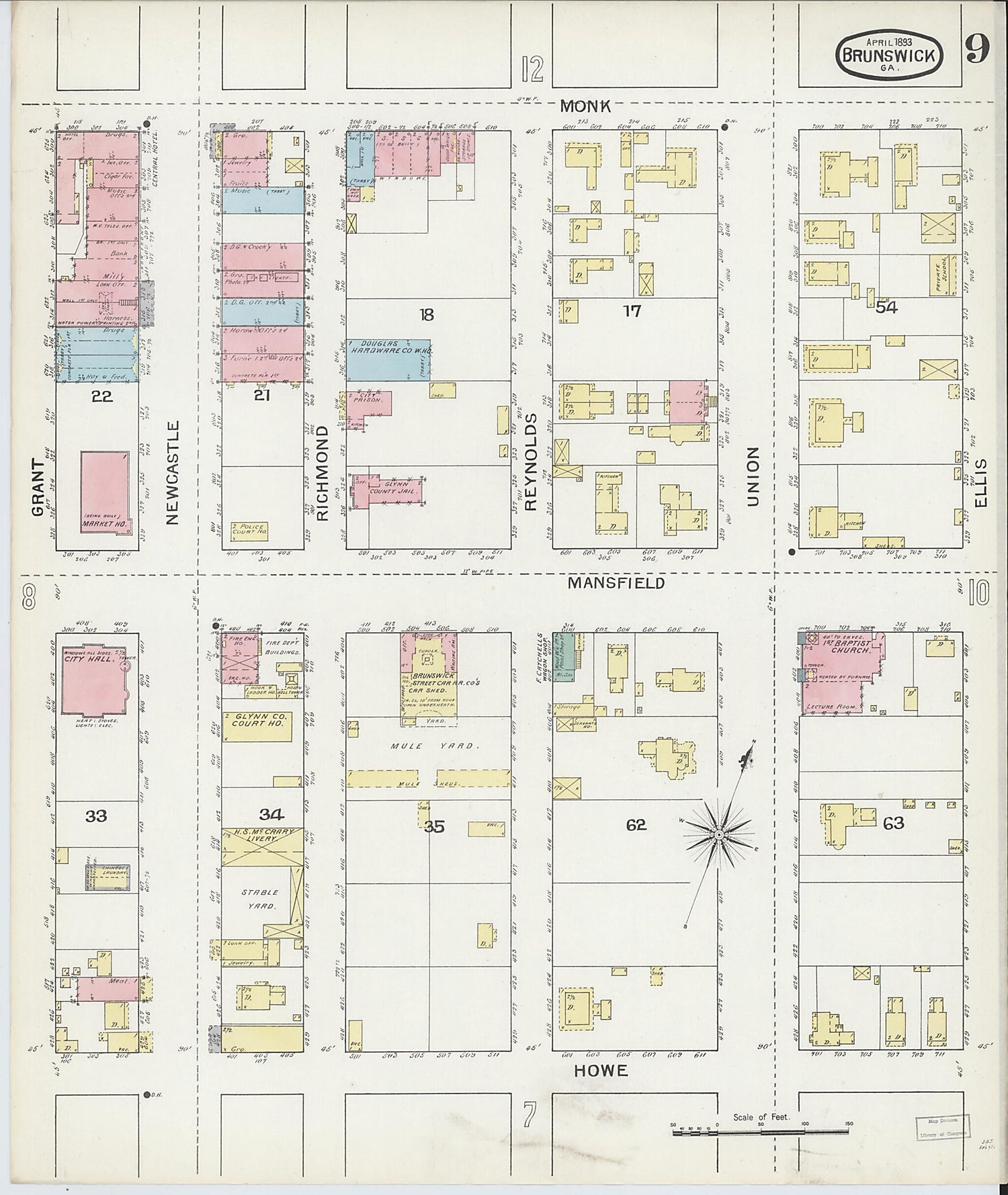 This old map of Brunswick, Glynn County, Georgia was created by Sanborn Map Company in 1893