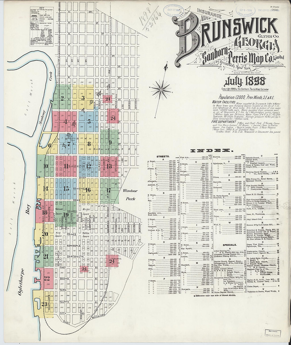 This old map of Brunswick, Glynn County, Georgia was created by Sanborn Map Company in 1898