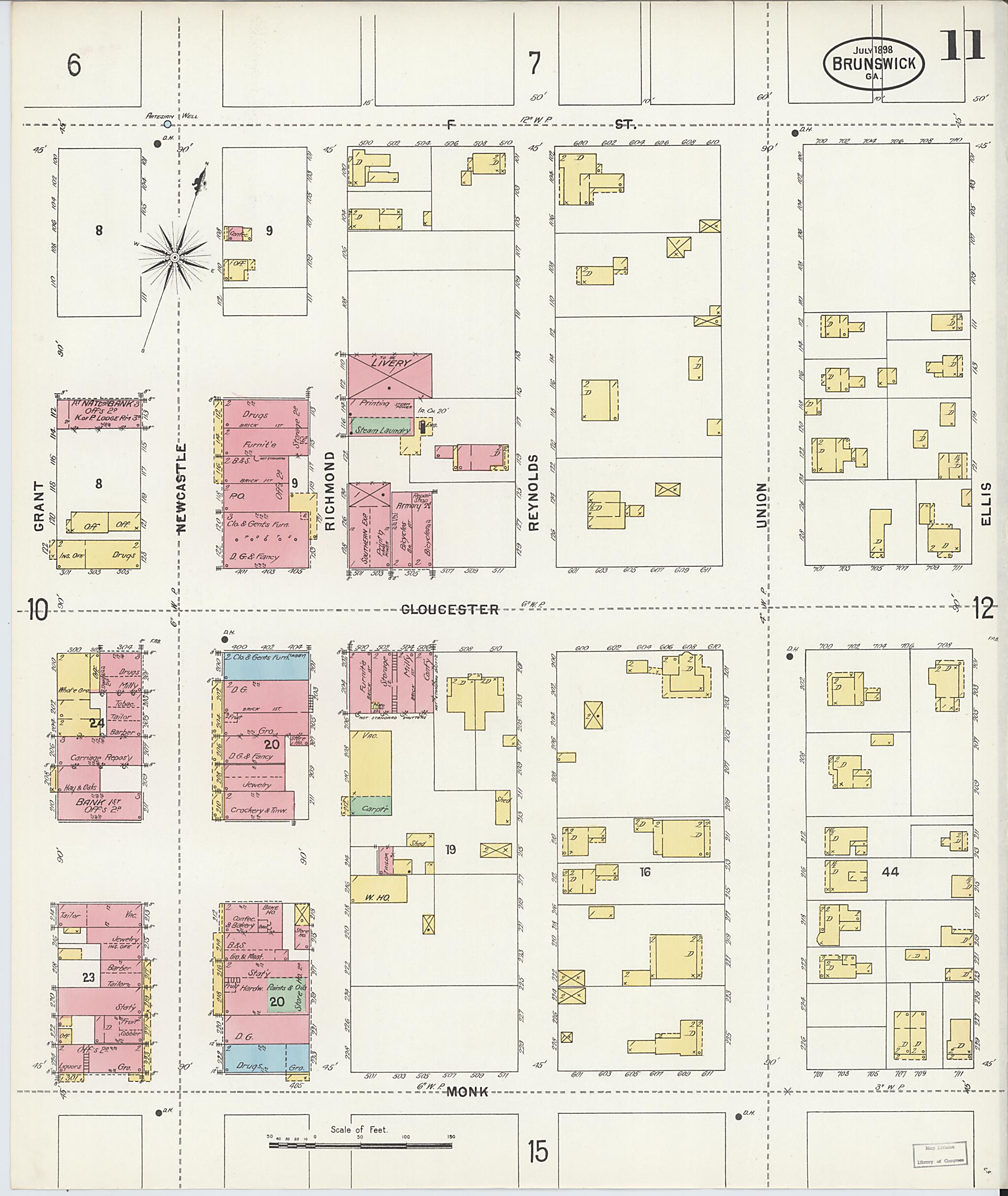 This old map of Brunswick, Glynn County, Georgia was created by Sanborn Map Company in 1898