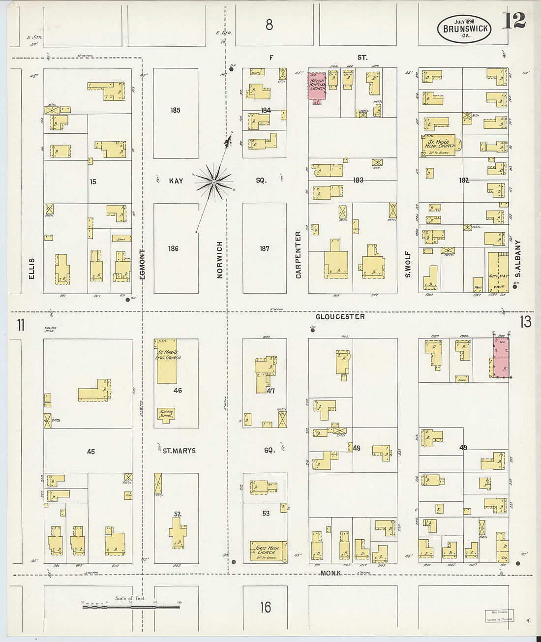 This old map of Brunswick, Glynn County, Georgia was created by Sanborn Map Company in 1898