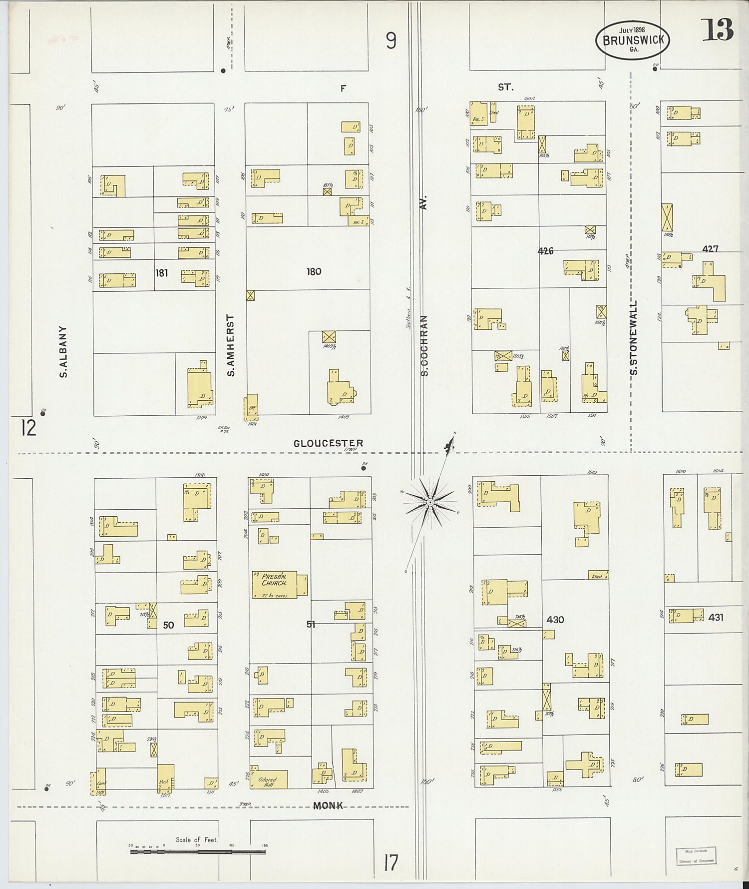 This old map of Brunswick, Glynn County, Georgia was created by Sanborn Map Company in 1898