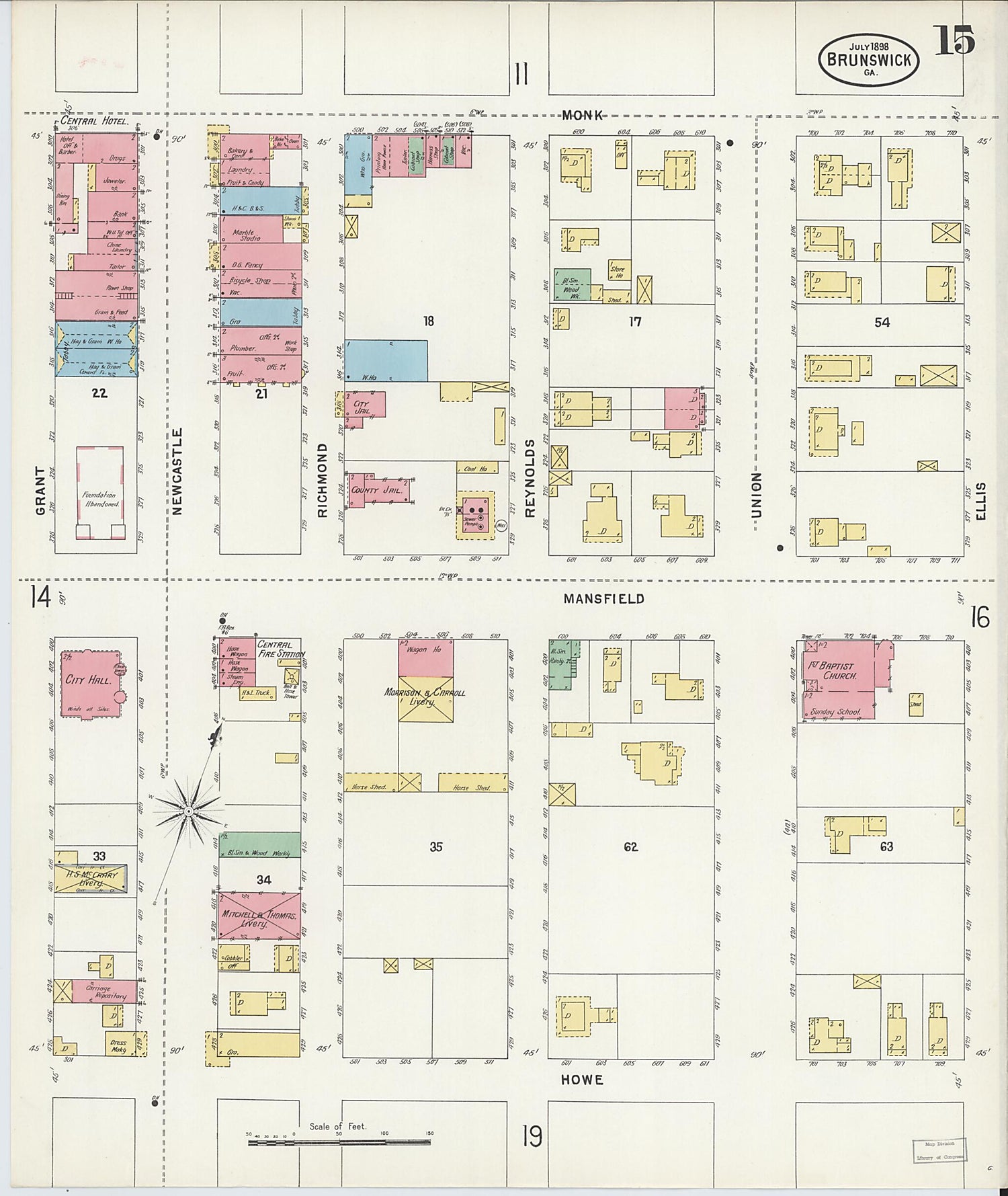 This old map of Brunswick, Glynn County, Georgia was created by Sanborn Map Company in 1898