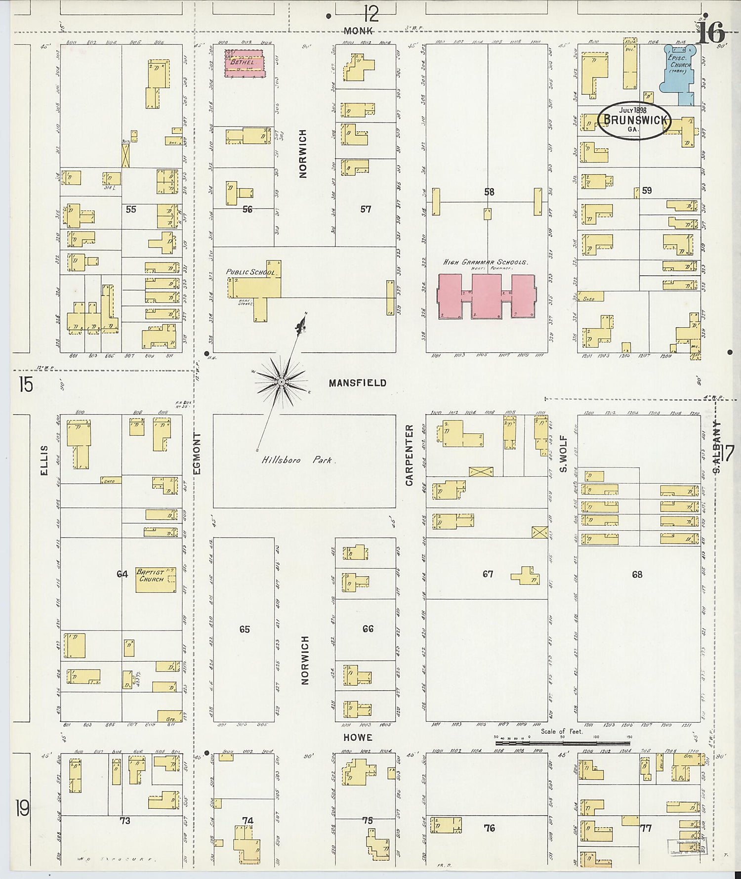 This old map of Brunswick, Glynn County, Georgia was created by Sanborn Map Company in 1898