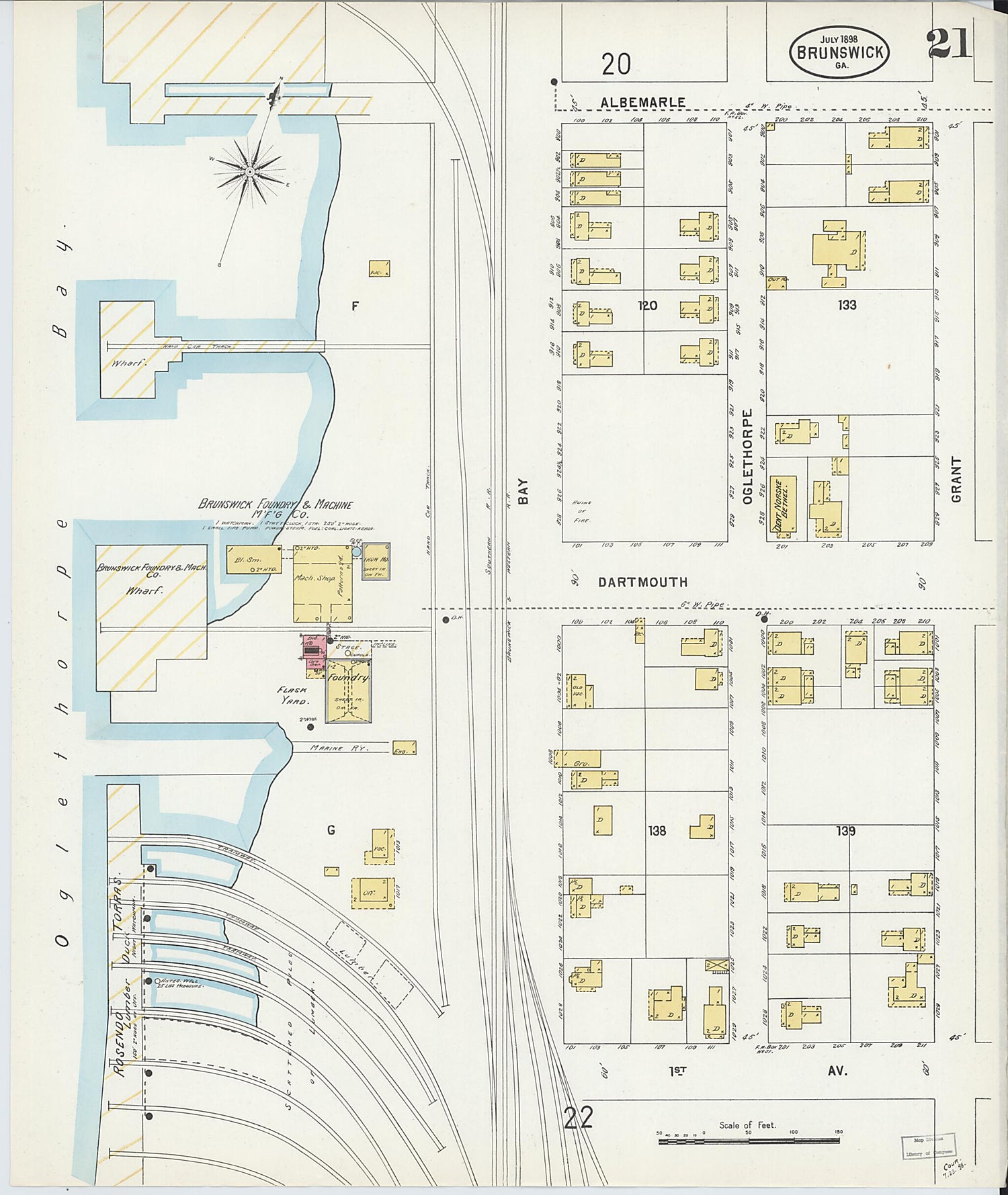 This old map of Brunswick, Glynn County, Georgia was created by Sanborn Map Company in 1898