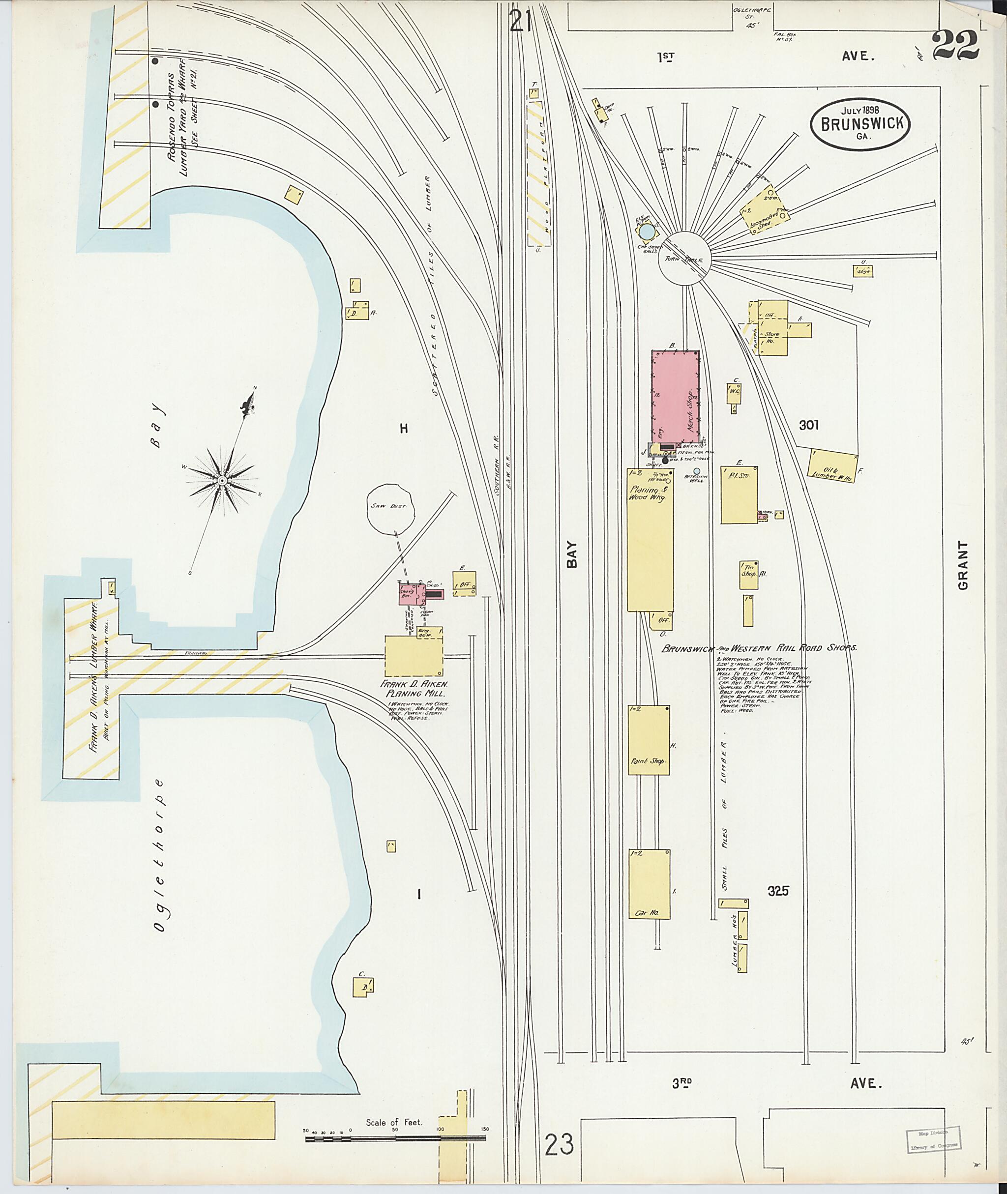 This old map of Brunswick, Glynn County, Georgia was created by Sanborn Map Company in 1898