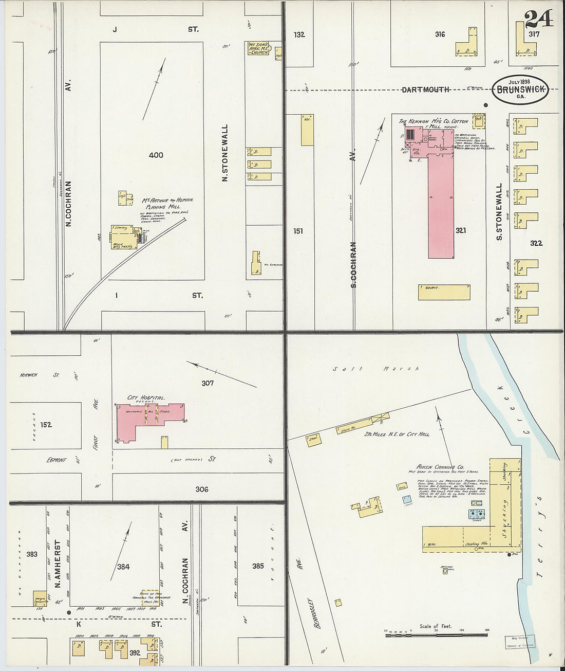 This old map of Brunswick, Glynn County, Georgia was created by Sanborn Map Company in 1898