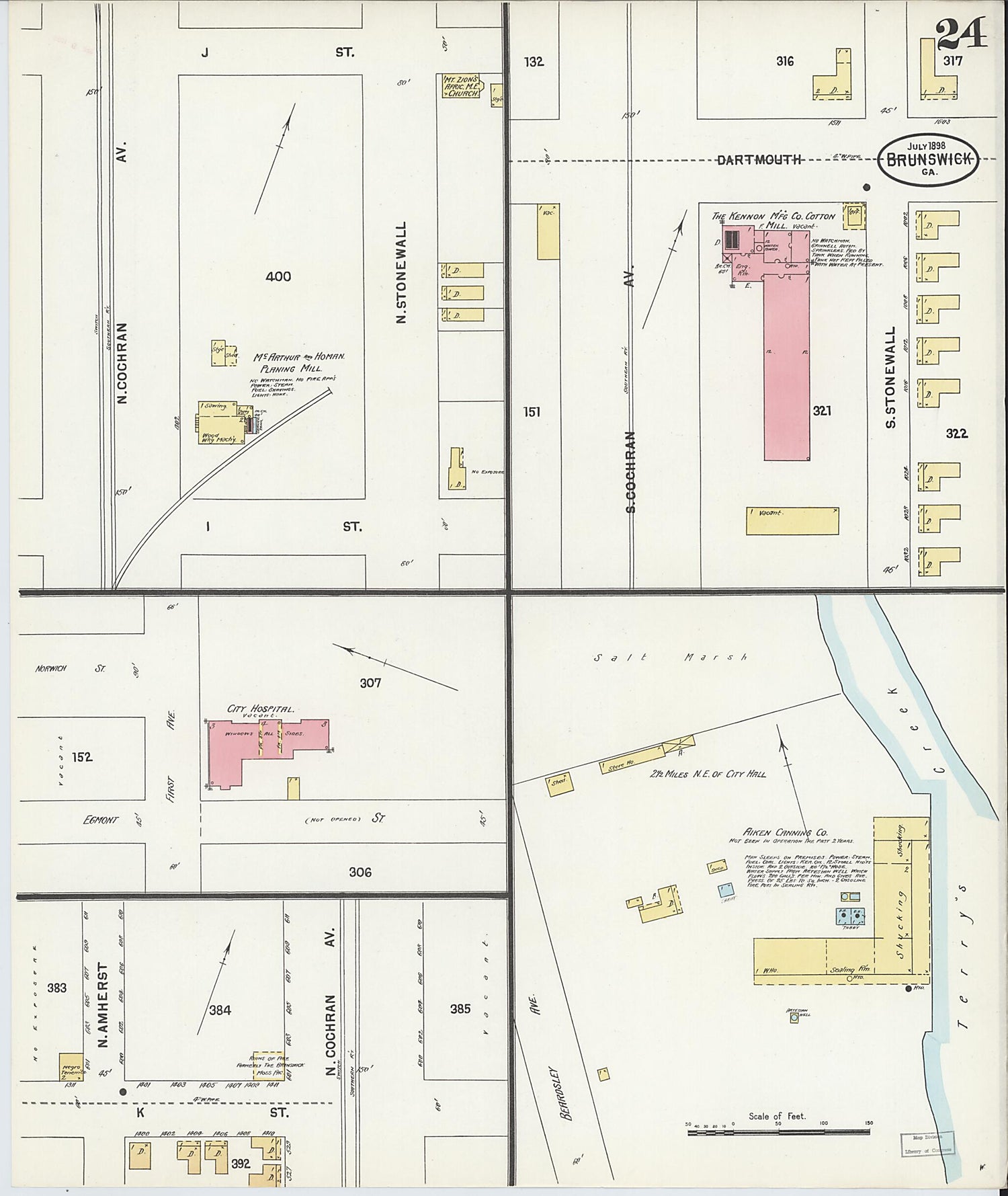 This old map of Brunswick, Glynn County, Georgia was created by Sanborn Map Company in 1898