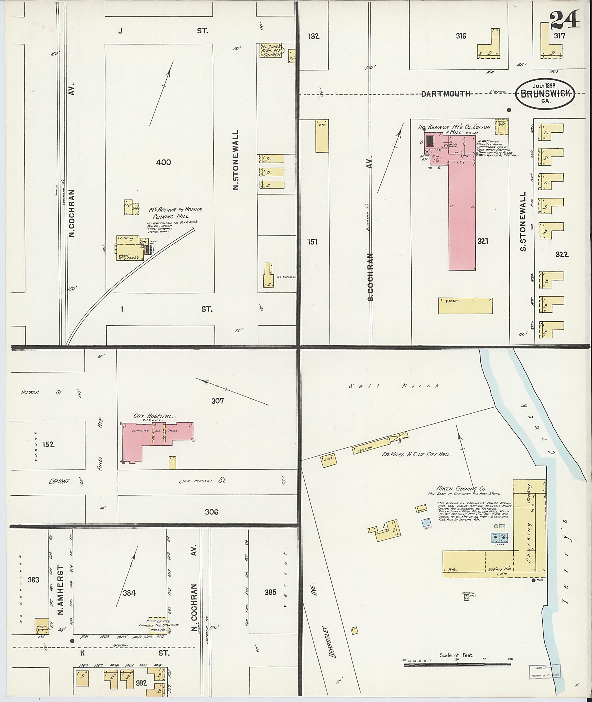 This old map of Brunswick, Glynn County, Georgia was created by Sanborn Map Company in 1898