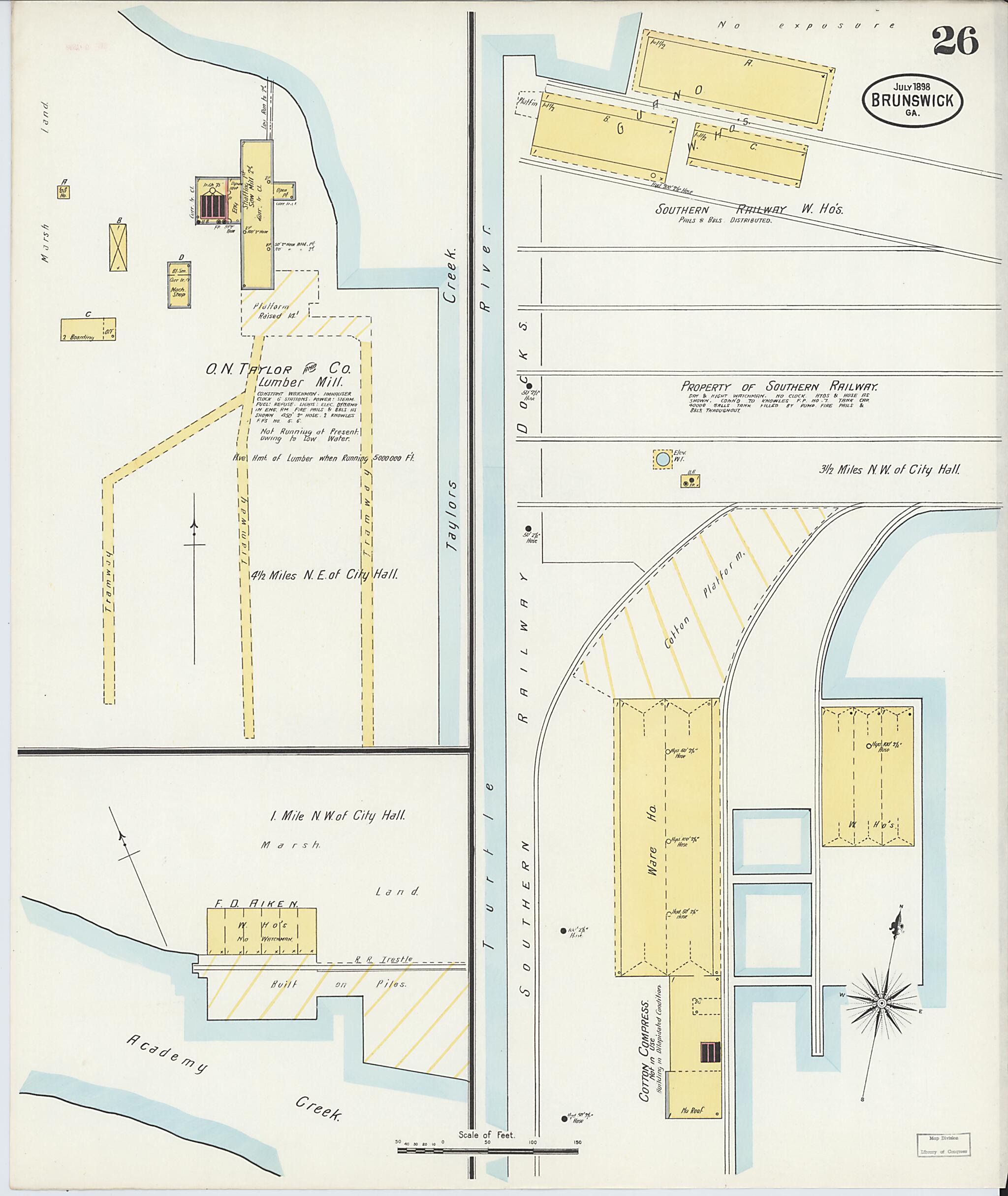 This old map of Brunswick, Glynn County, Georgia was created by Sanborn Map Company in 1898