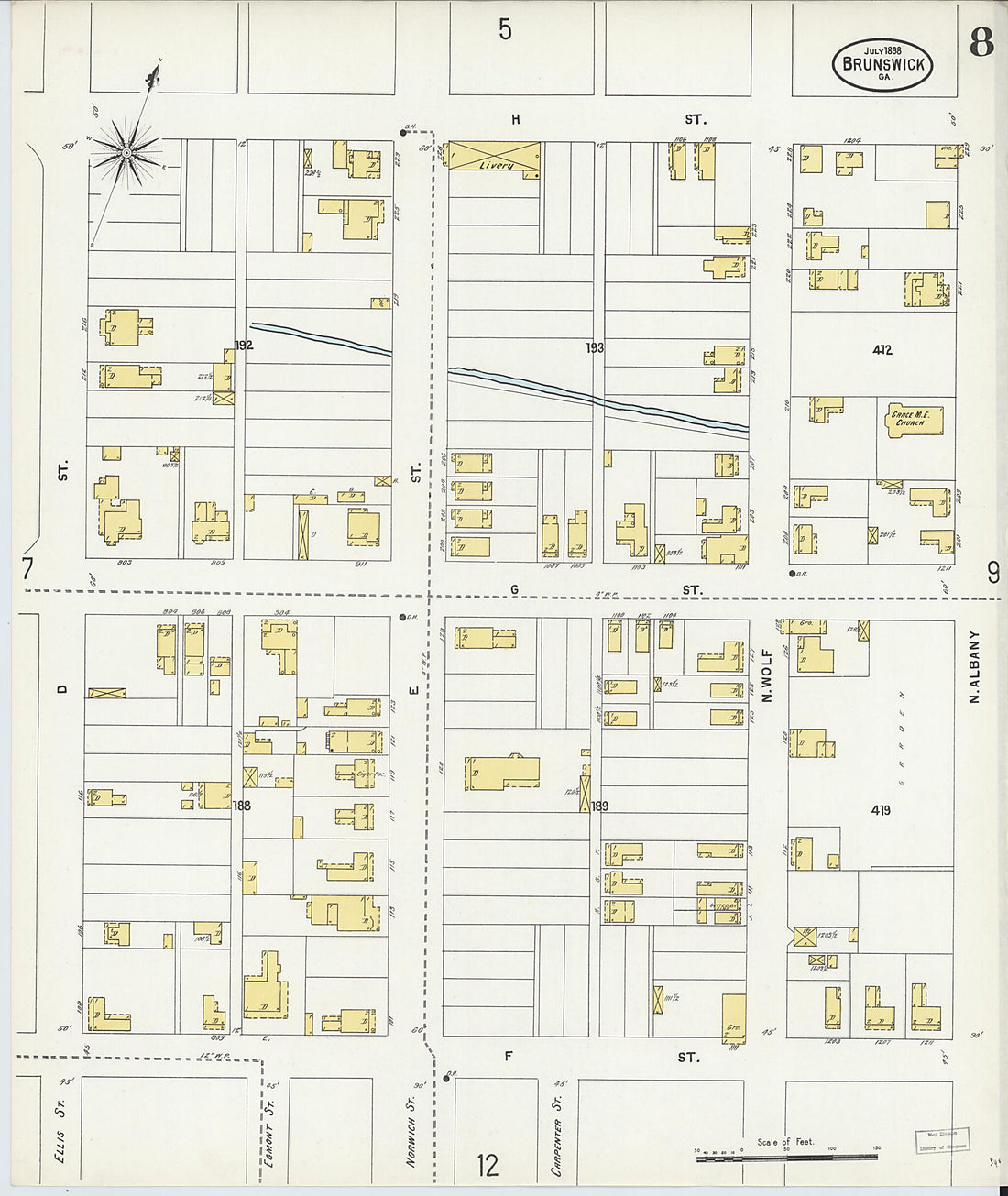 This old map of Brunswick, Glynn County, Georgia was created by Sanborn Map Company in 1898