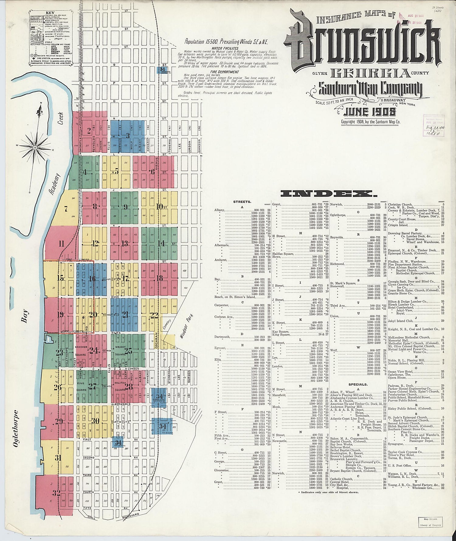 This old map of Brunswick, Glynn County, Georgia was created by Sanborn Map Company in 1908