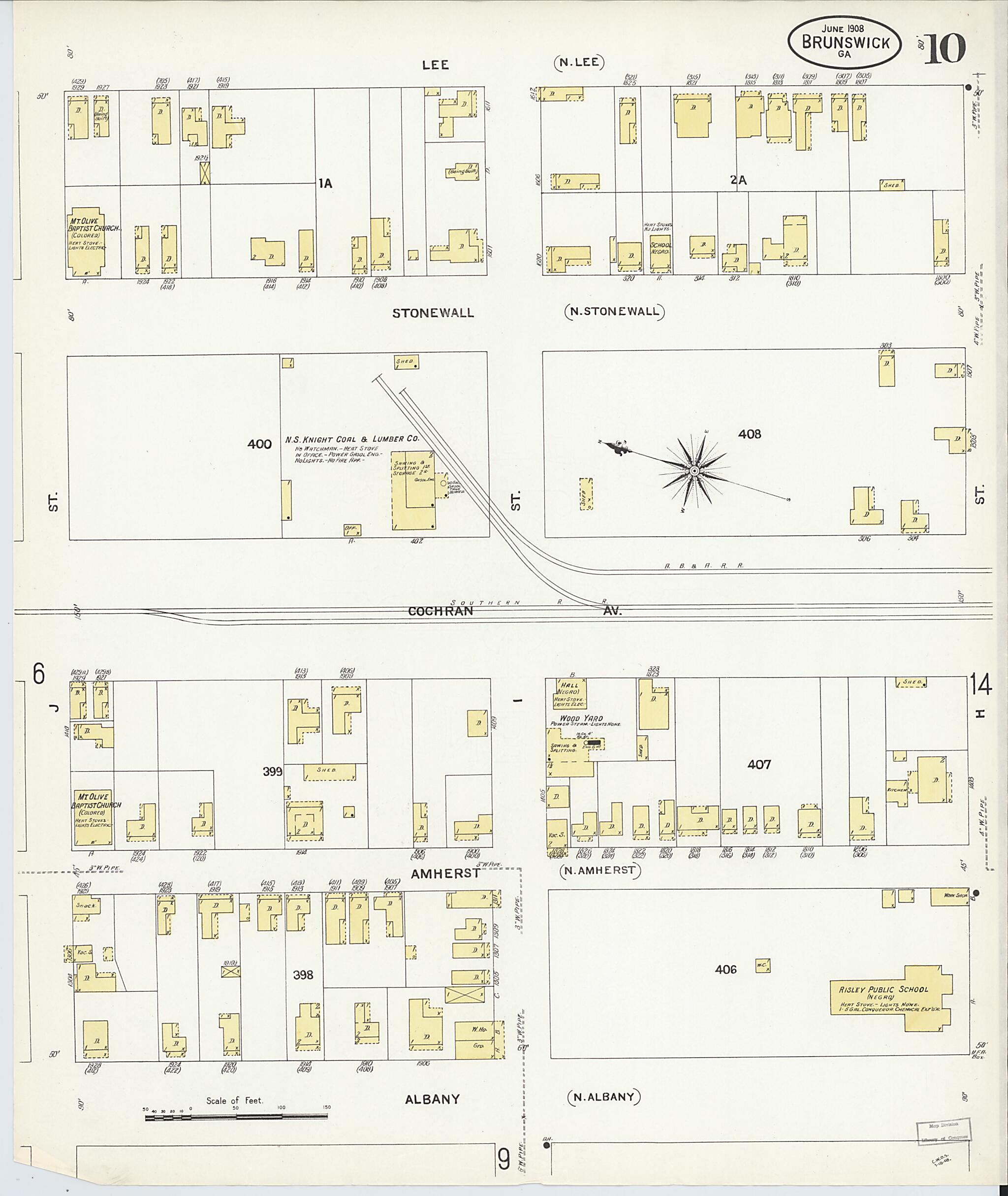 This old map of Brunswick, Glynn County, Georgia was created by Sanborn Map Company in 1908