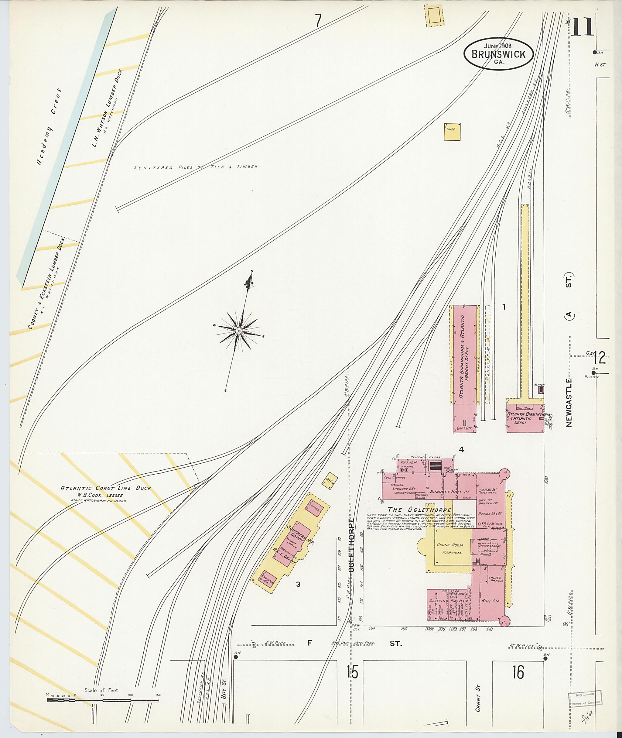 This old map of Brunswick, Glynn County, Georgia was created by Sanborn Map Company in 1908