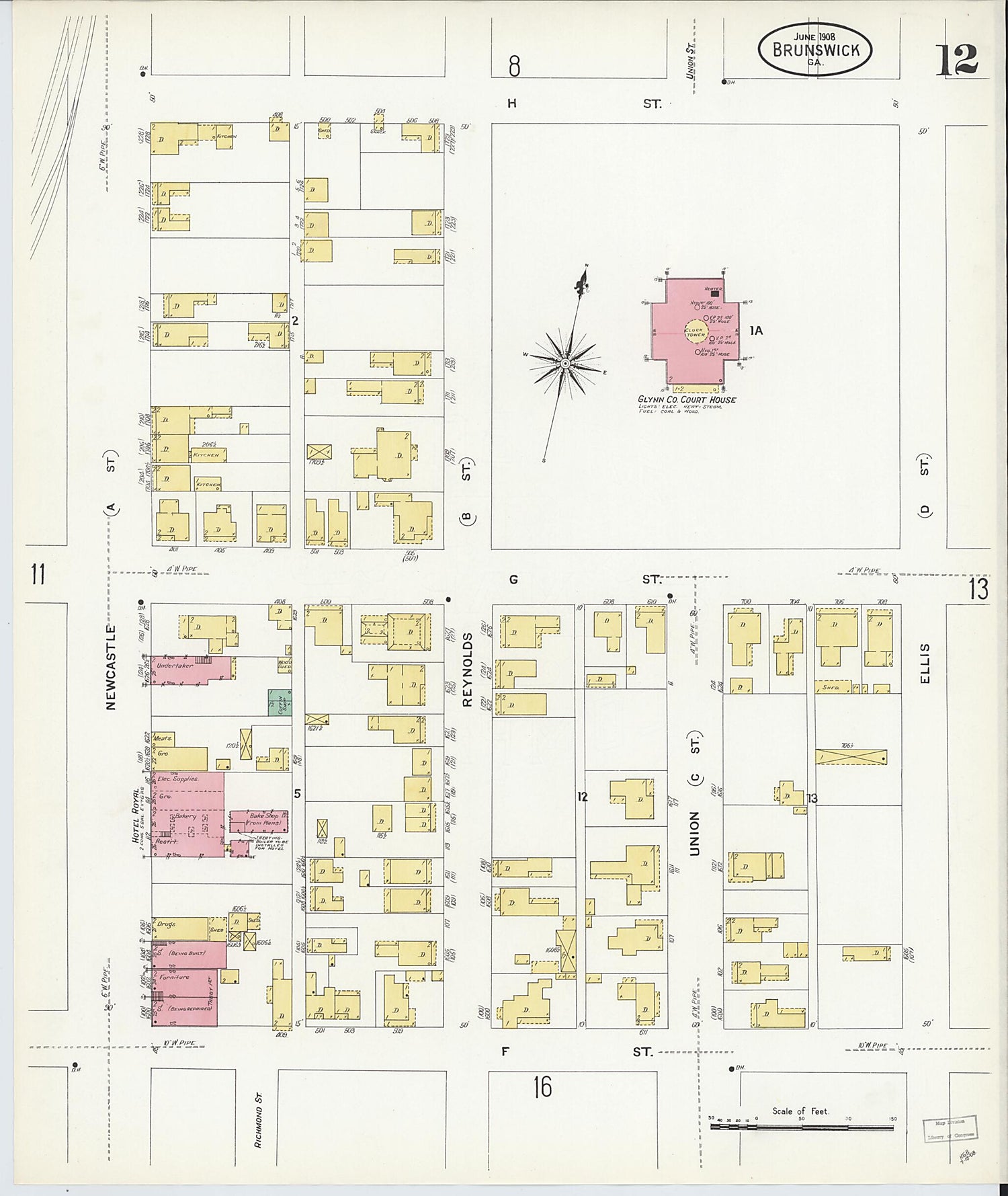 This old map of Brunswick, Glynn County, Georgia was created by Sanborn Map Company in 1908