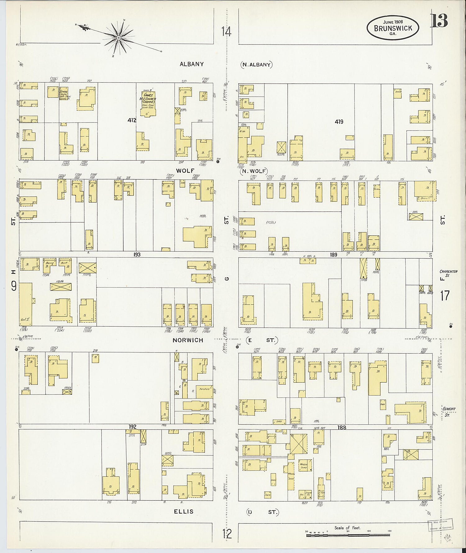 This old map of Brunswick, Glynn County, Georgia was created by Sanborn Map Company in 1908