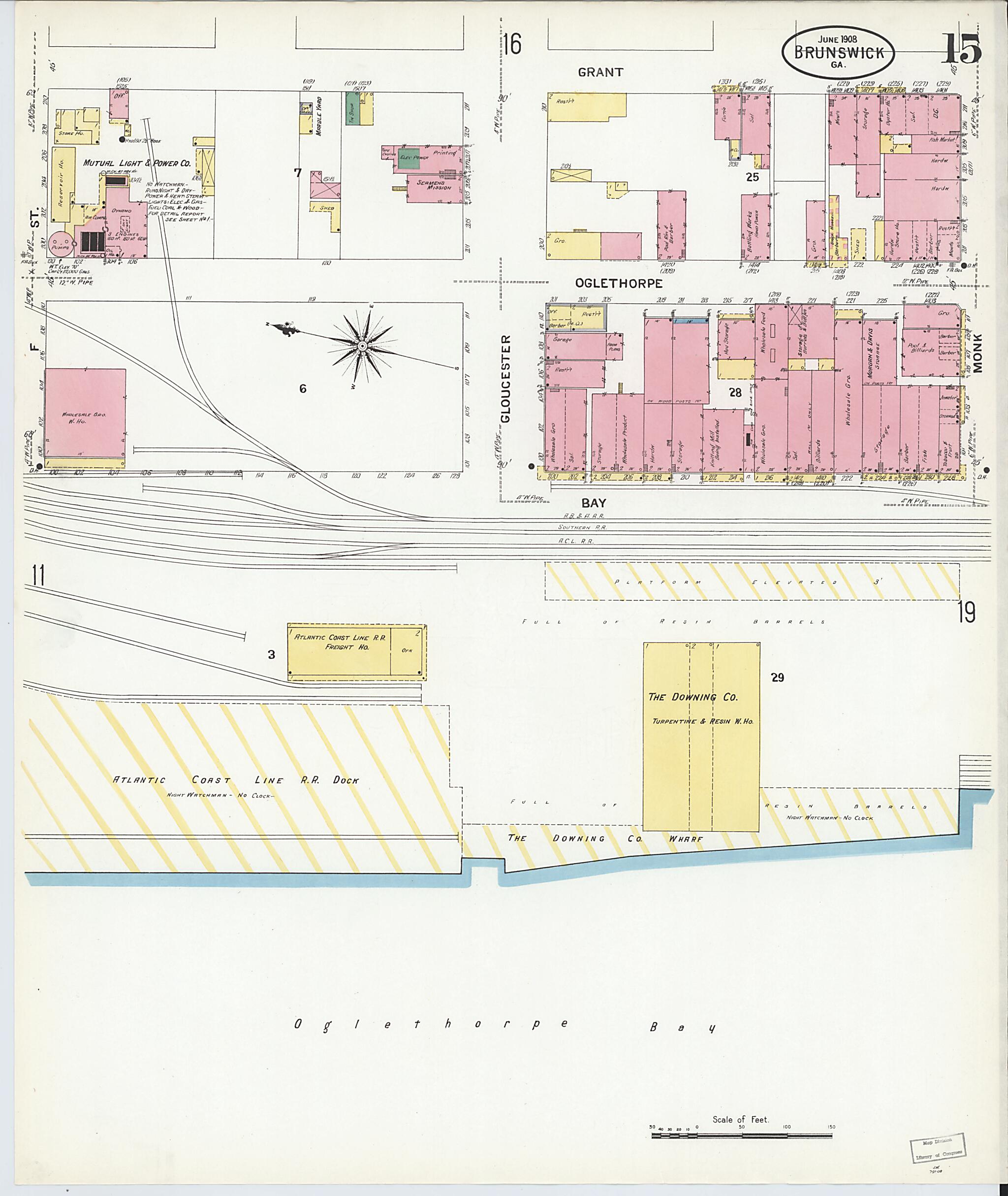 This old map of Brunswick, Glynn County, Georgia was created by Sanborn Map Company in 1908