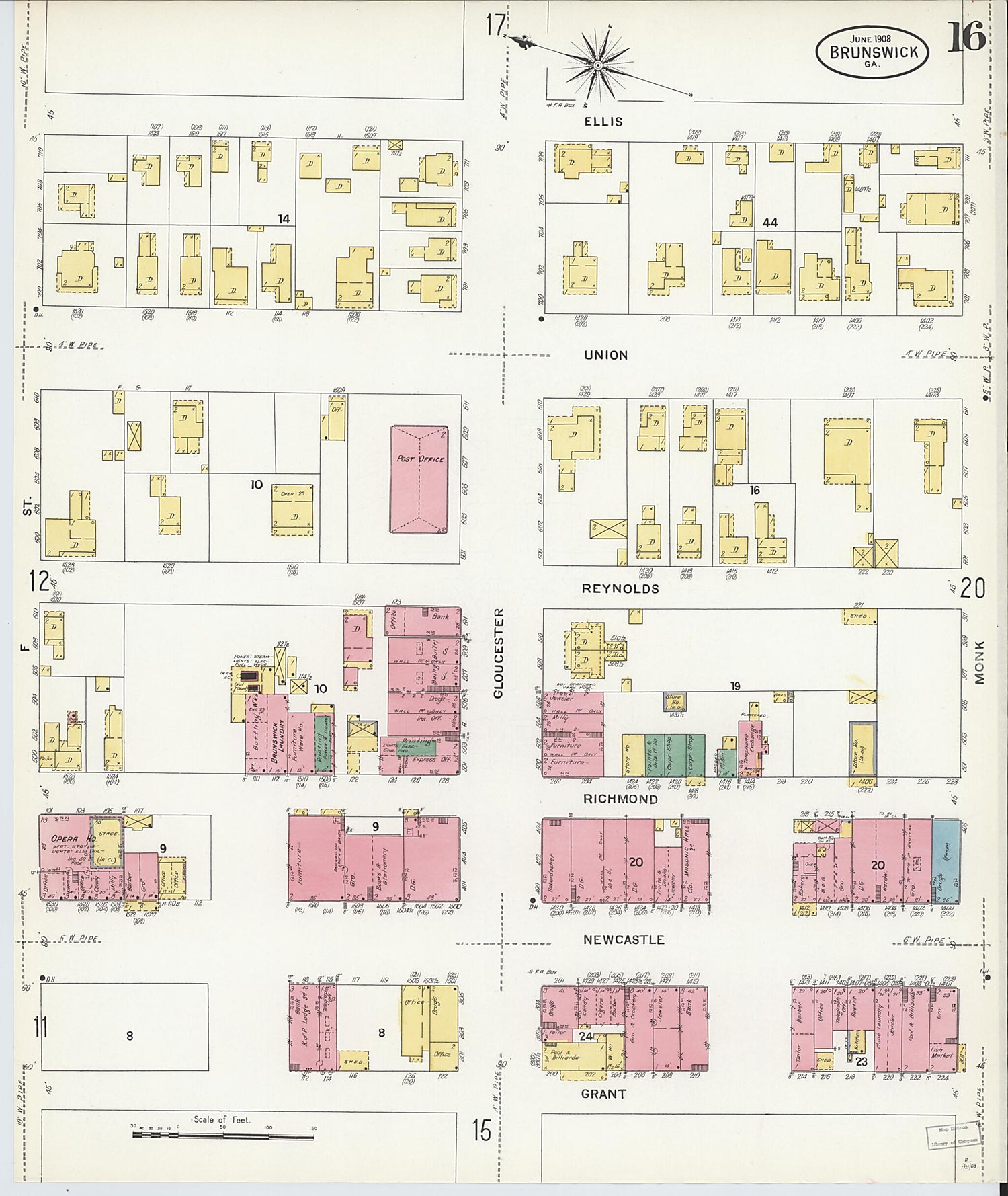 This old map of Brunswick, Glynn County, Georgia was created by Sanborn Map Company in 1908