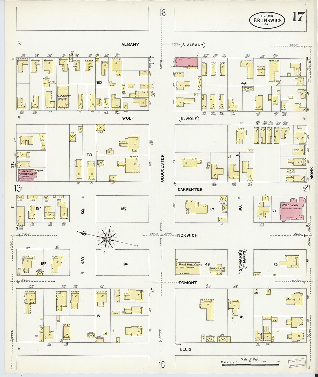 This old map of Brunswick, Glynn County, Georgia was created by Sanborn Map Company in 1908