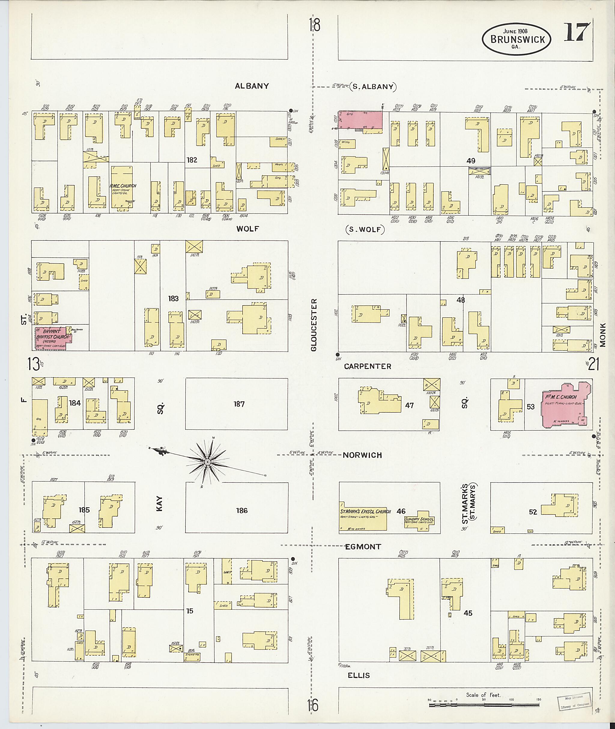 This old map of Brunswick, Glynn County, Georgia was created by Sanborn Map Company in 1908