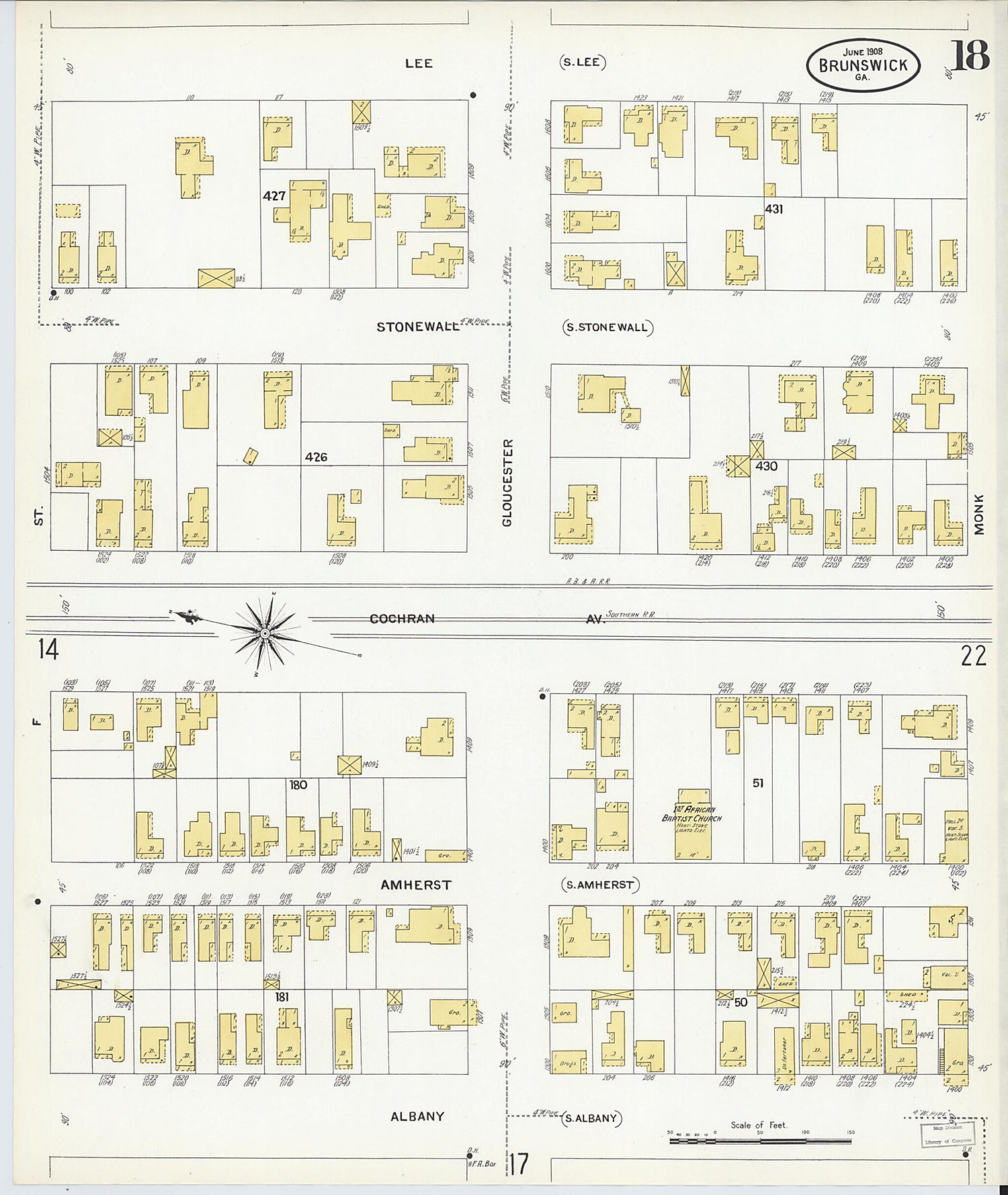 This old map of Brunswick, Glynn County, Georgia was created by Sanborn Map Company in 1908