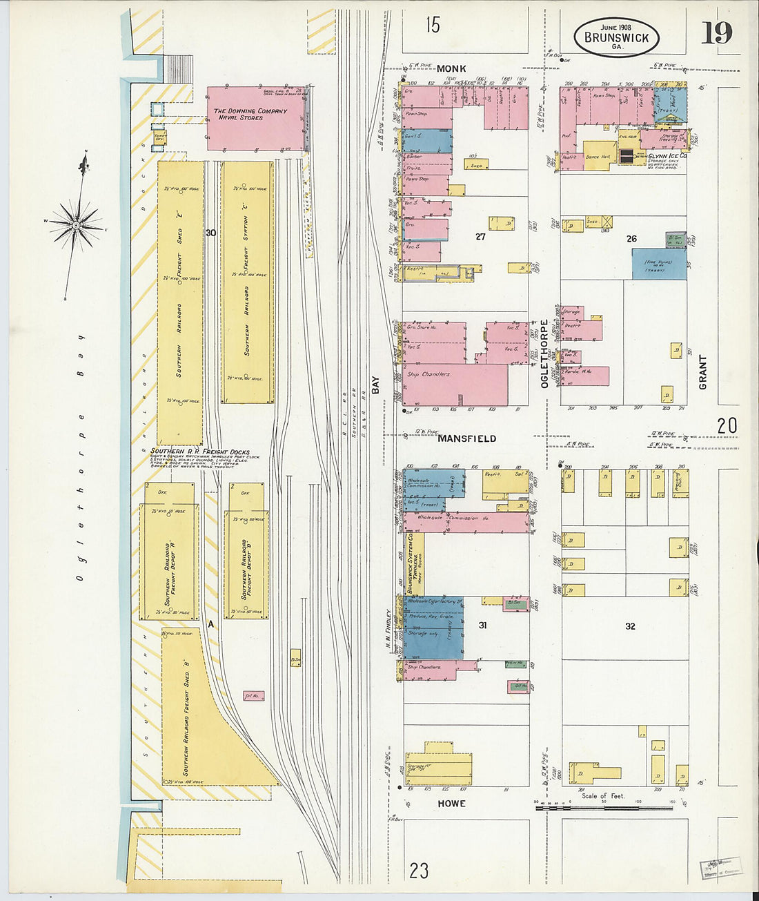 This old map of Brunswick, Glynn County, Georgia was created by Sanborn Map Company in 1908