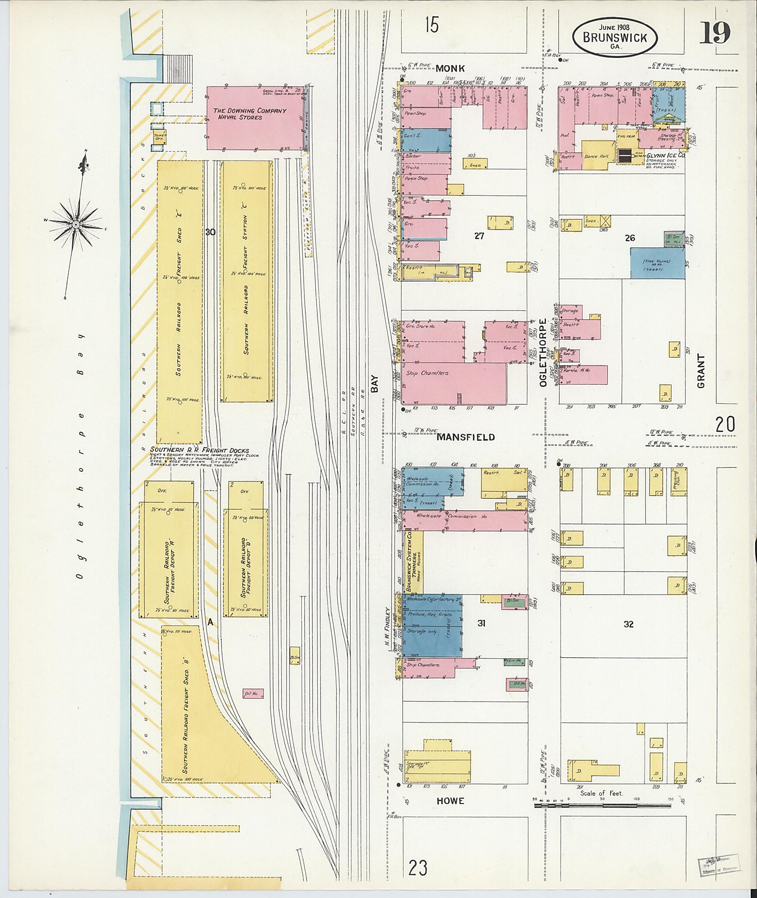 This old map of Brunswick, Glynn County, Georgia was created by Sanborn Map Company in 1908