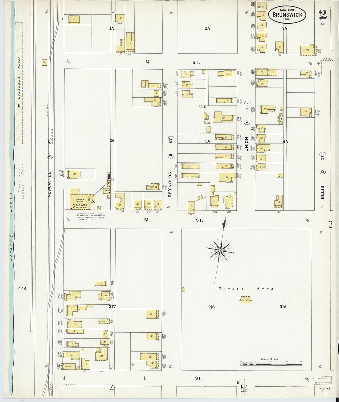 This old map of Brunswick, Glynn County, Georgia was created by Sanborn Map Company in 1908