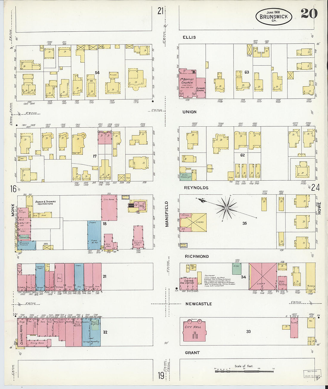 This old map of Brunswick, Glynn County, Georgia was created by Sanborn Map Company in 1908