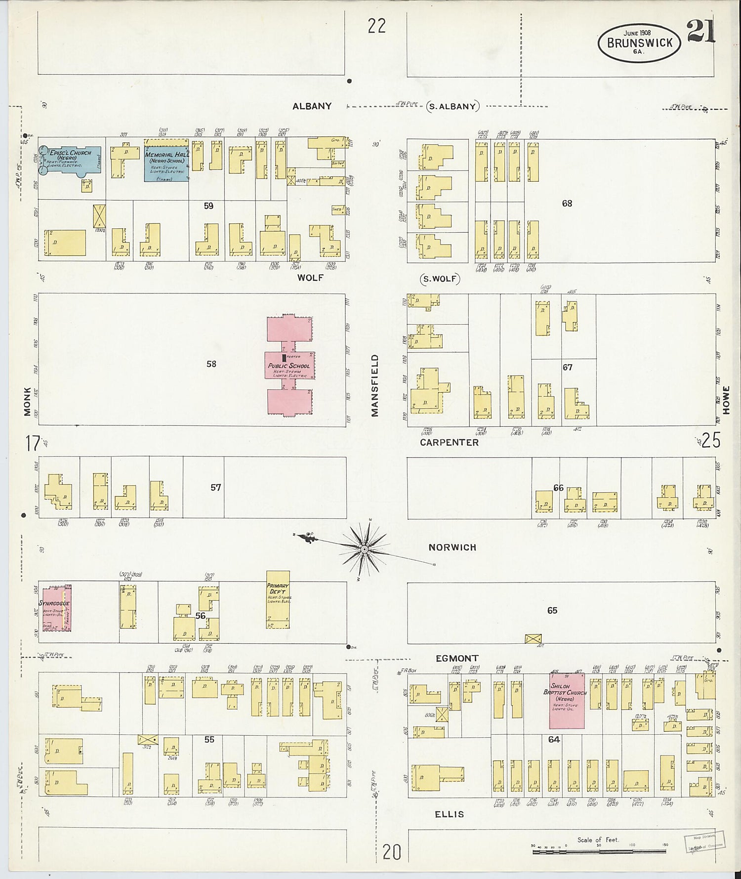 This old map of Brunswick, Glynn County, Georgia was created by Sanborn Map Company in 1908