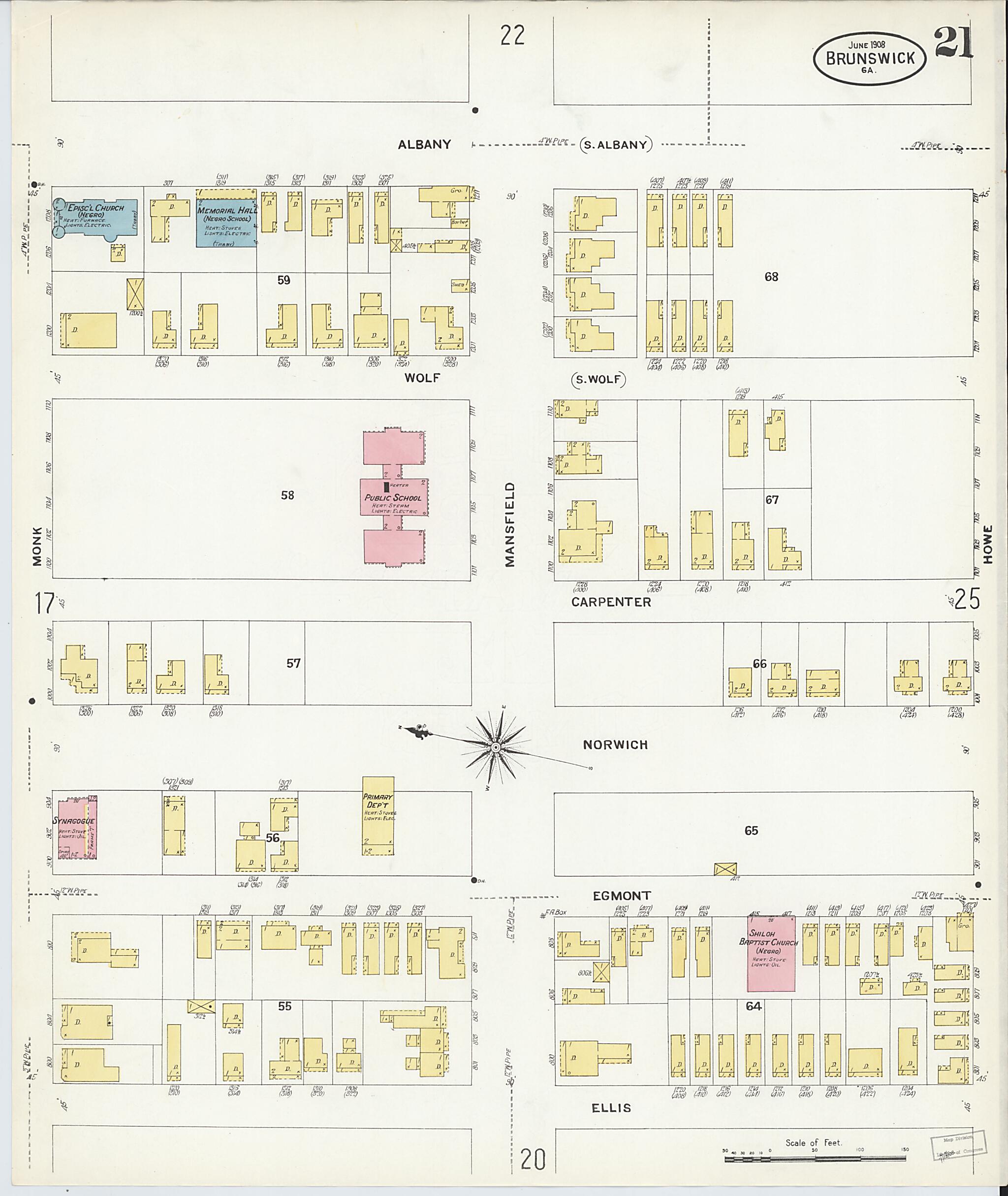 This old map of Brunswick, Glynn County, Georgia was created by Sanborn Map Company in 1908