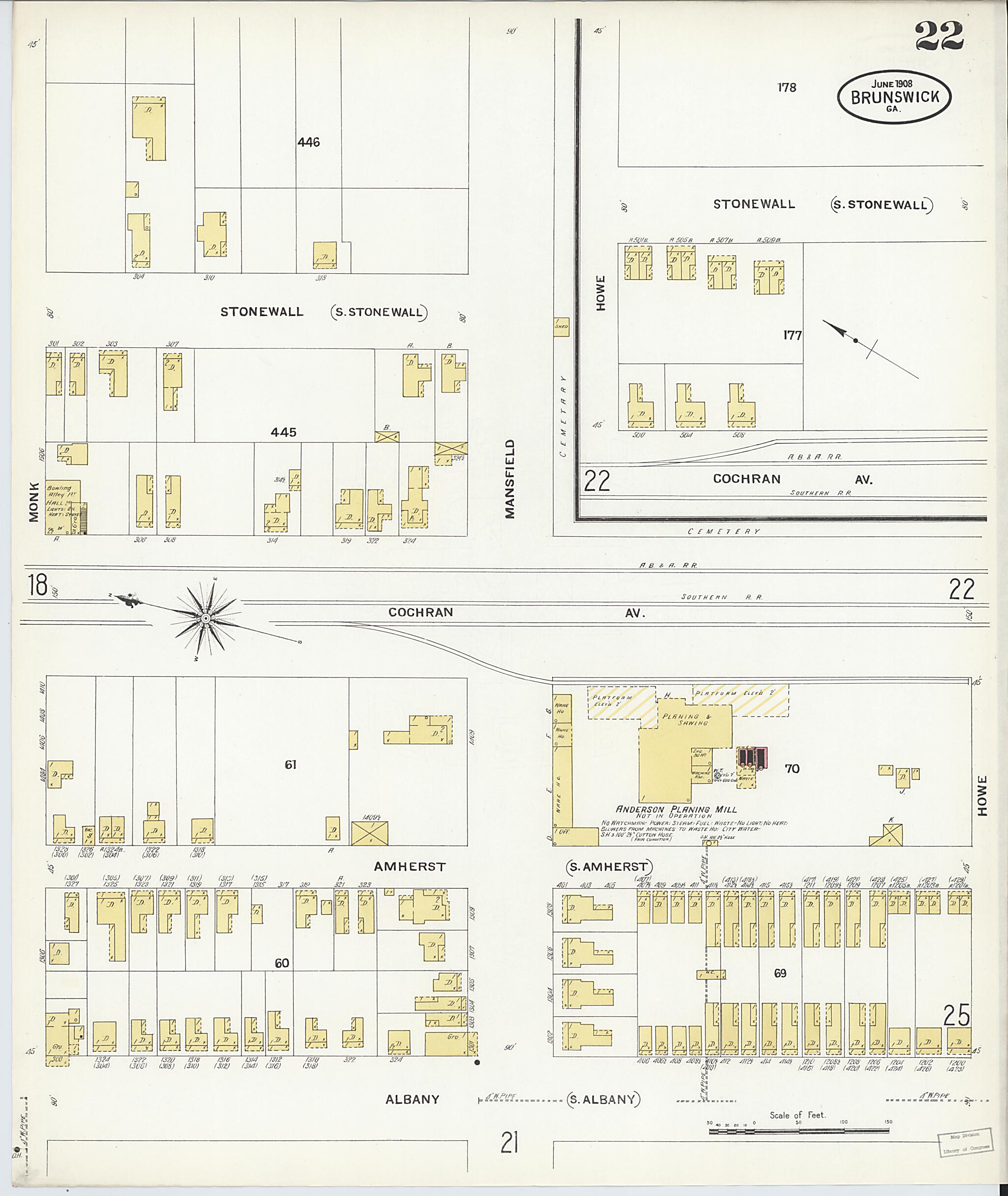 This old map of Brunswick, Glynn County, Georgia was created by Sanborn Map Company in 1908