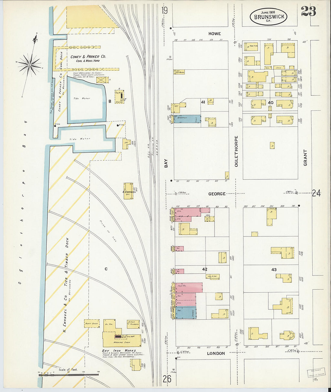 This old map of Brunswick, Glynn County, Georgia was created by Sanborn Map Company in 1908