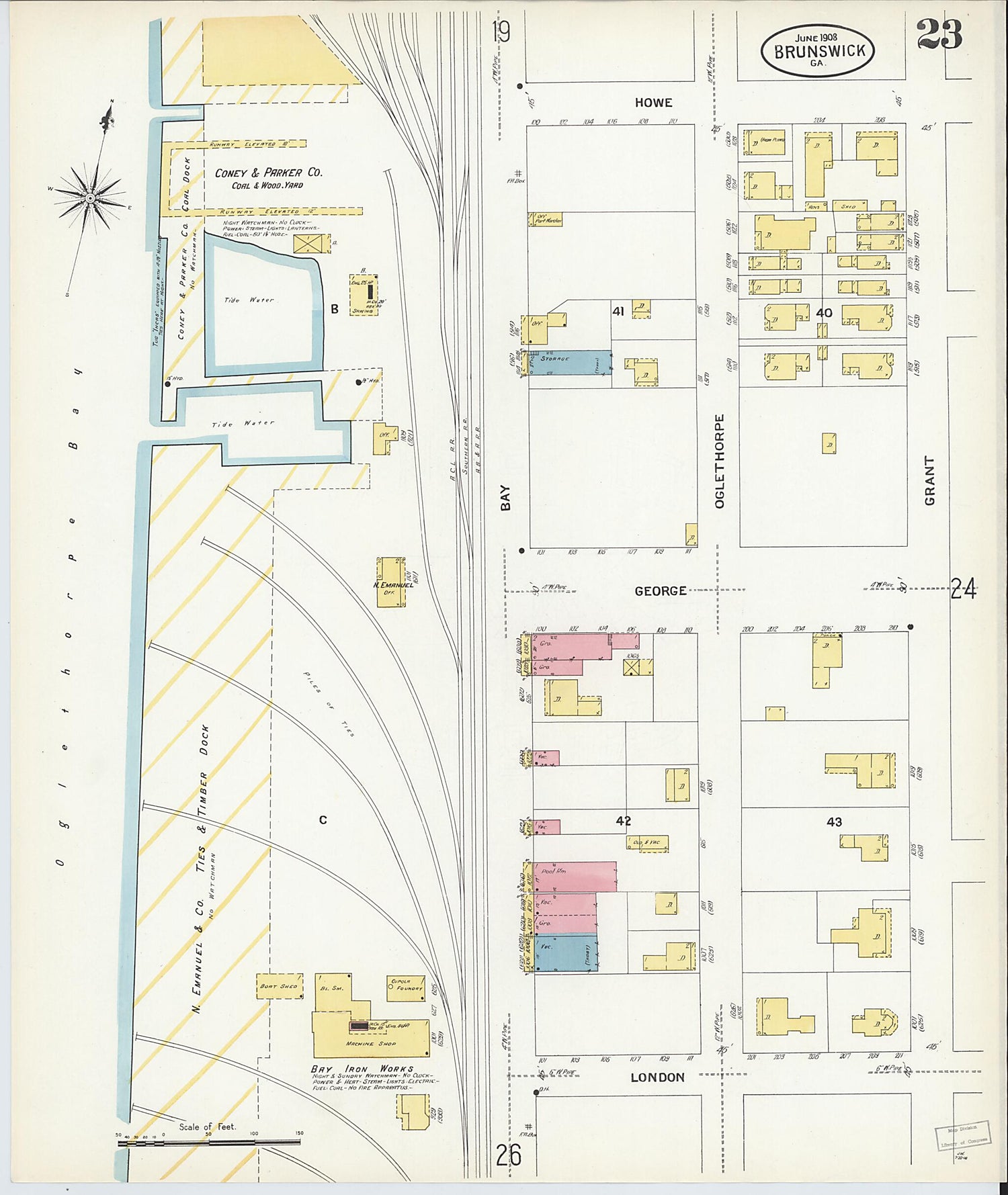 This old map of Brunswick, Glynn County, Georgia was created by Sanborn Map Company in 1908