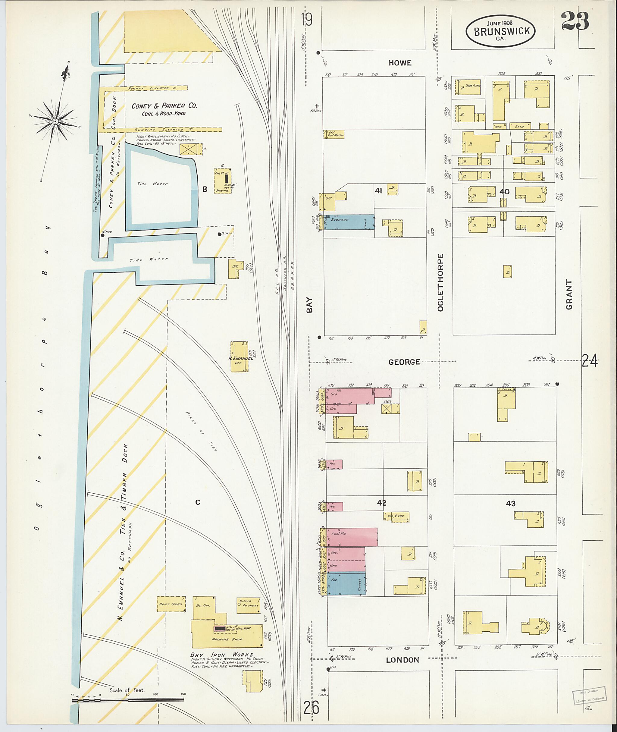 This old map of Brunswick, Glynn County, Georgia was created by Sanborn Map Company in 1908