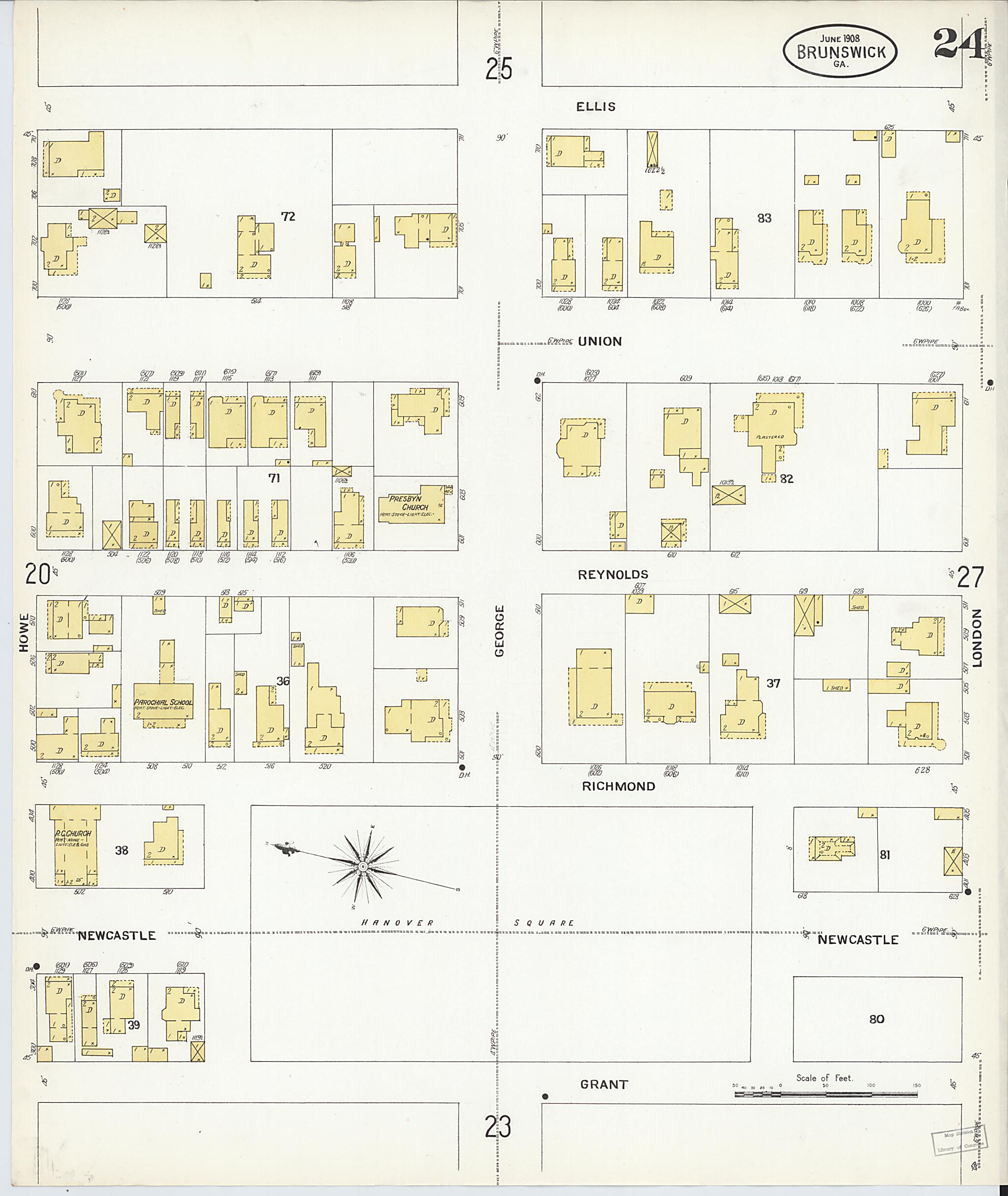 This old map of Brunswick, Glynn County, Georgia was created by Sanborn Map Company in 1908