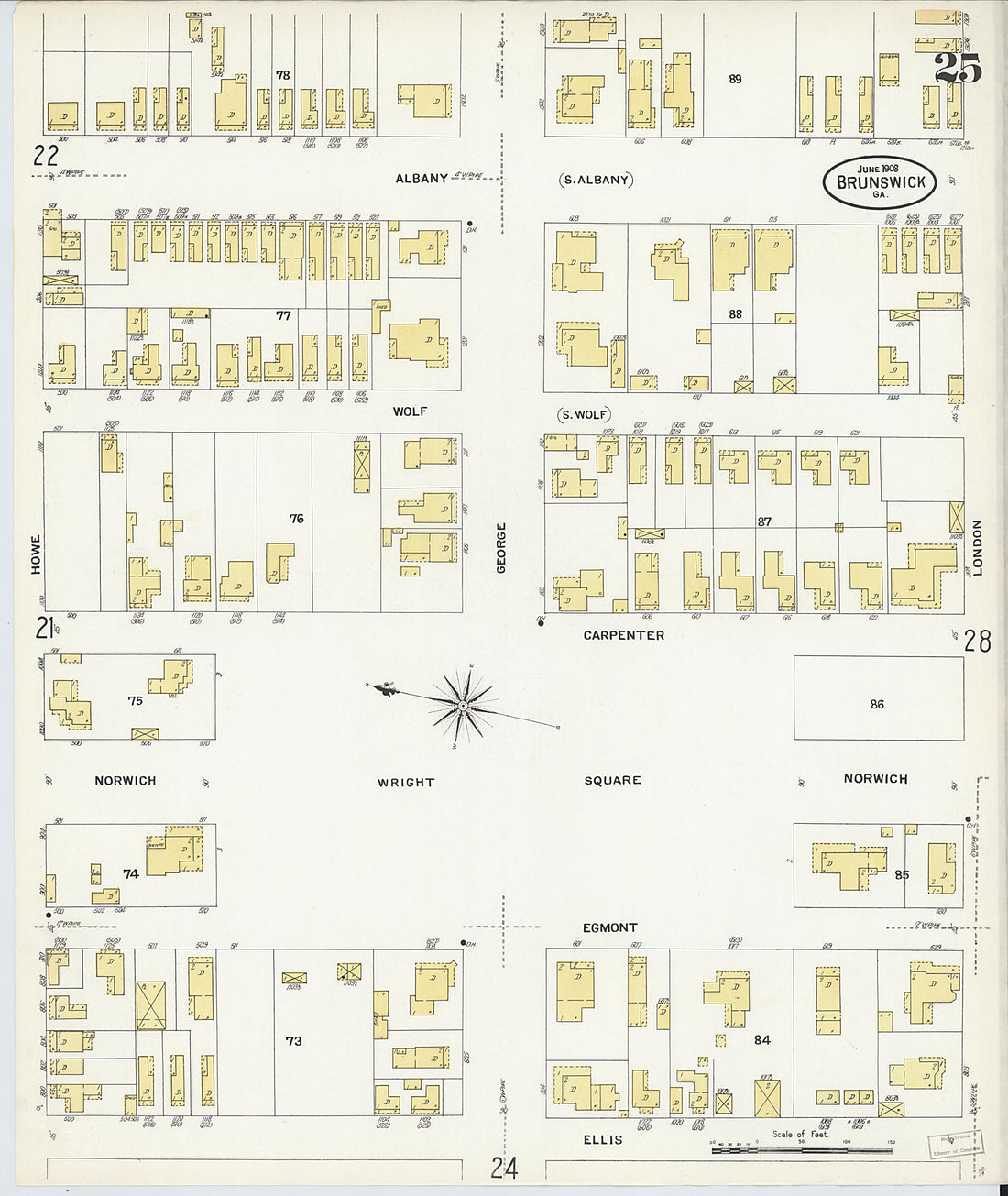 This old map of Brunswick, Glynn County, Georgia was created by Sanborn Map Company in 1908