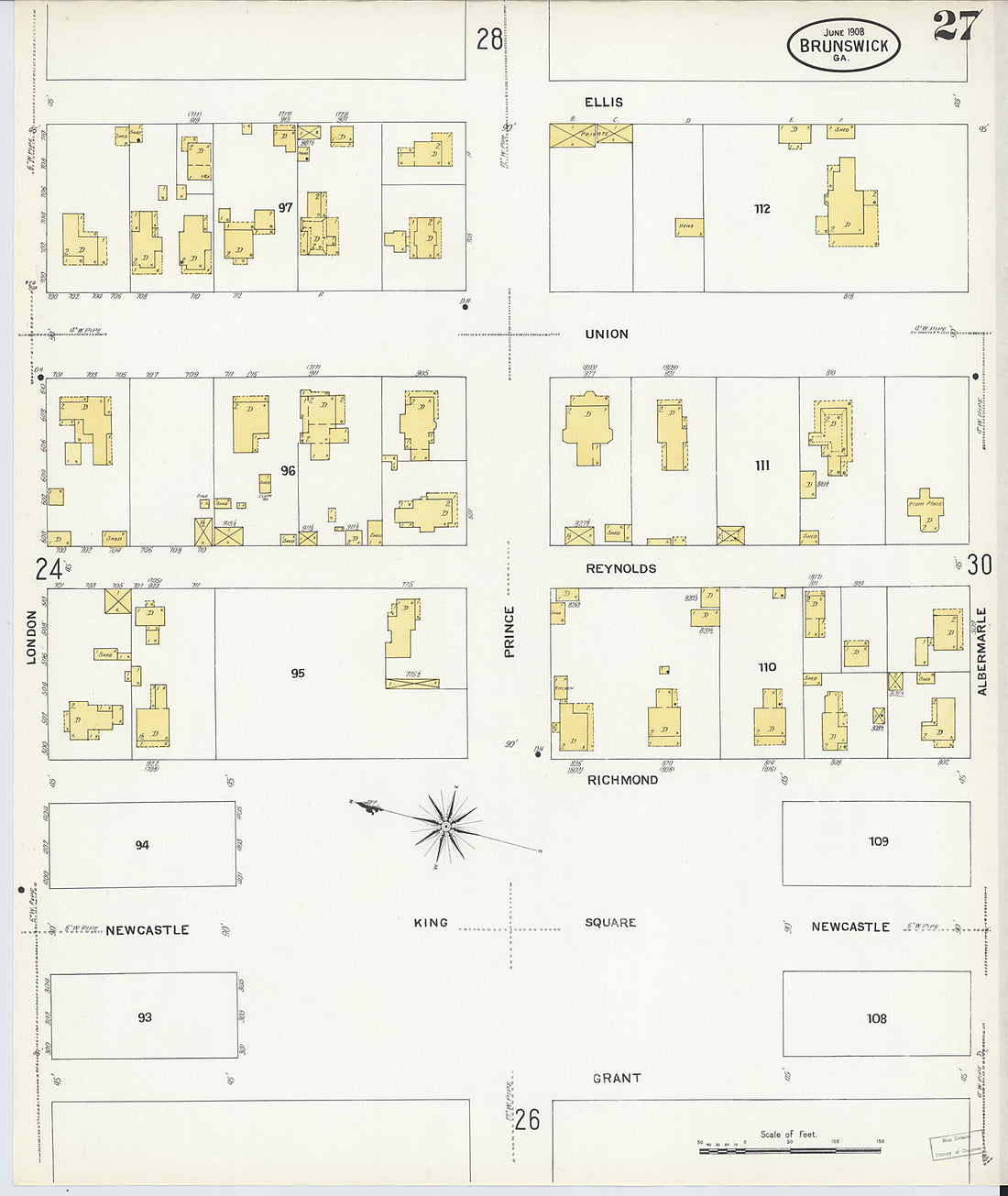 This old map of Brunswick, Glynn County, Georgia was created by Sanborn Map Company in 1908