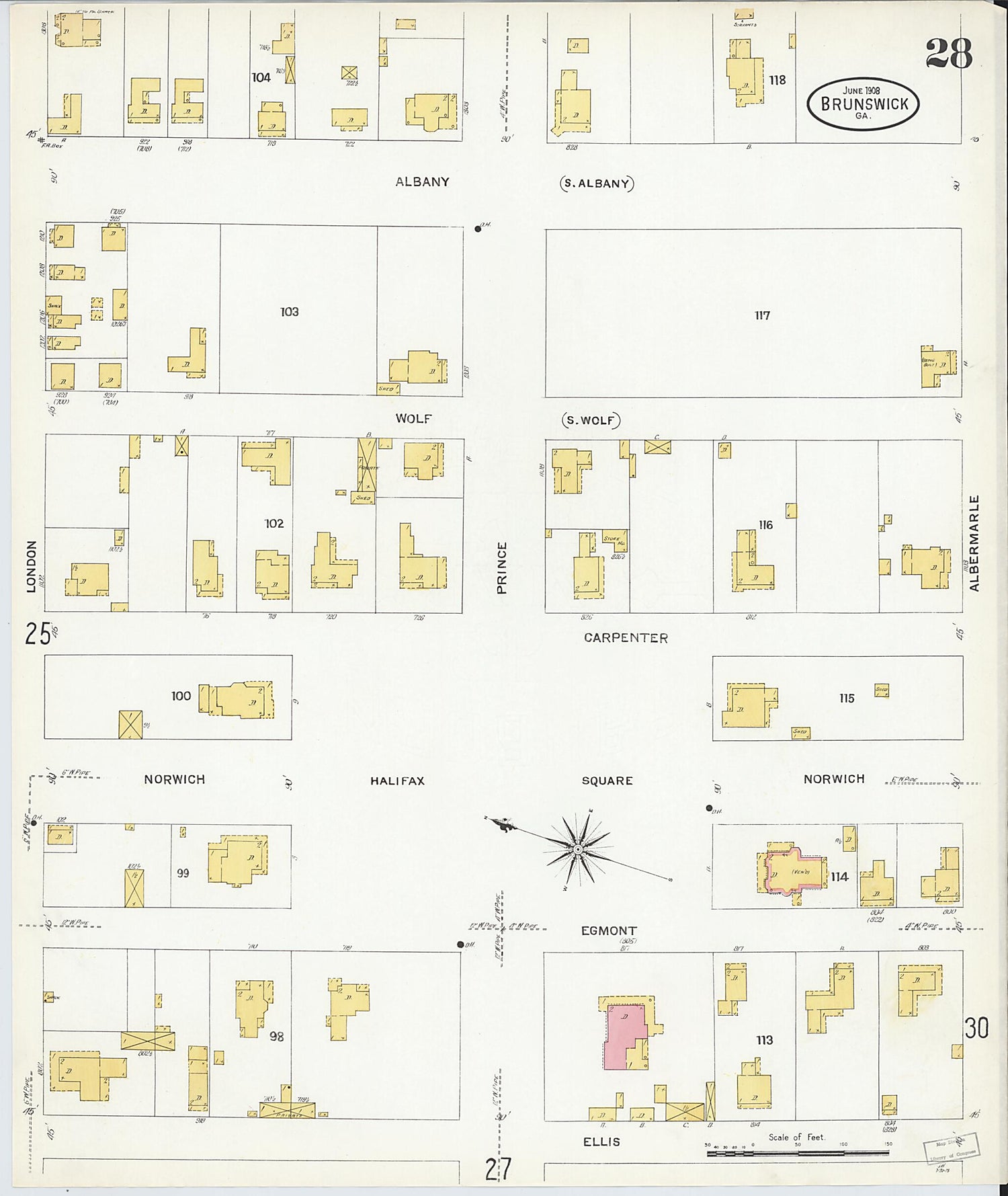 This old map of Brunswick, Glynn County, Georgia was created by Sanborn Map Company in 1908