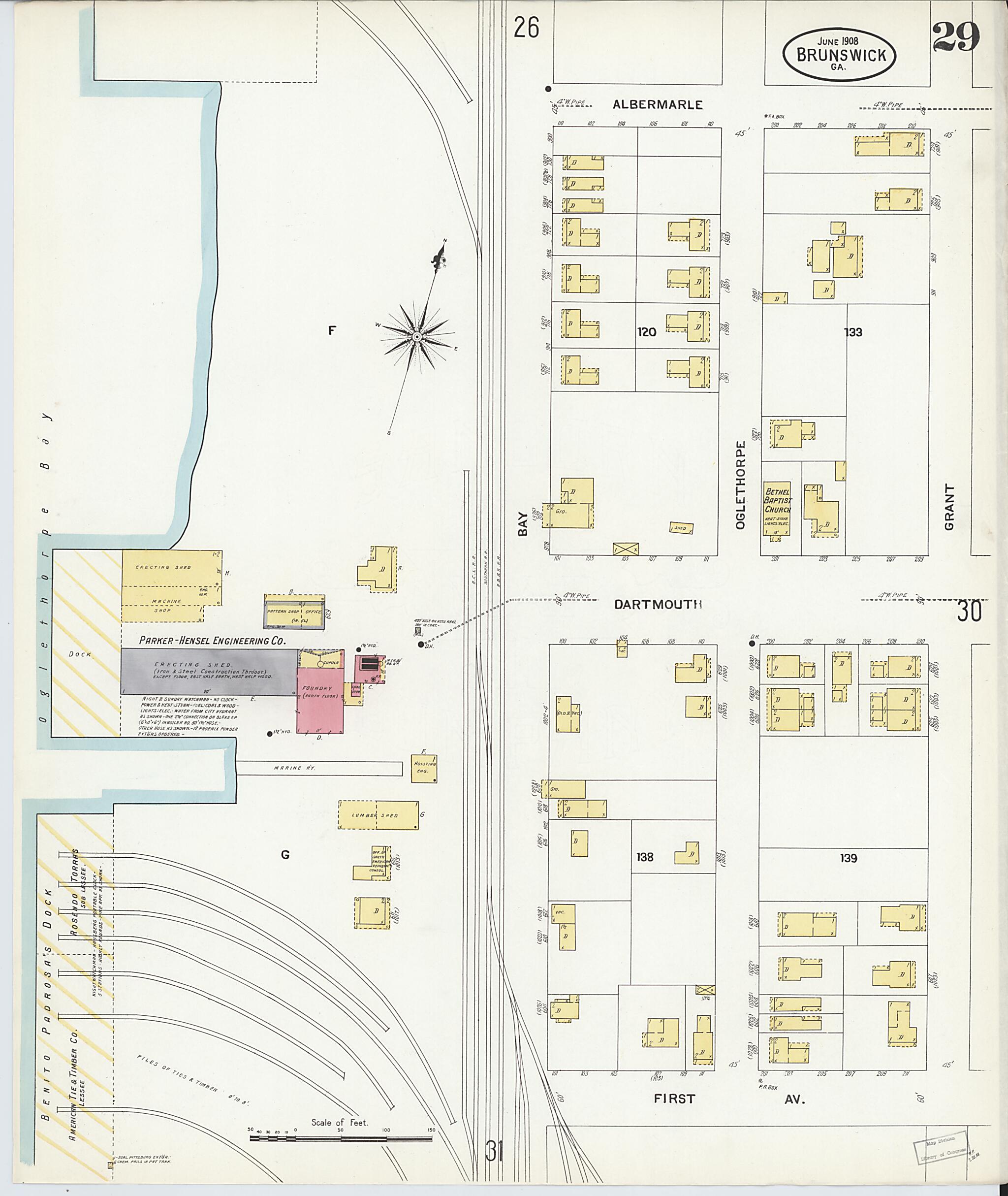 This old map of Brunswick, Glynn County, Georgia was created by Sanborn Map Company in 1908