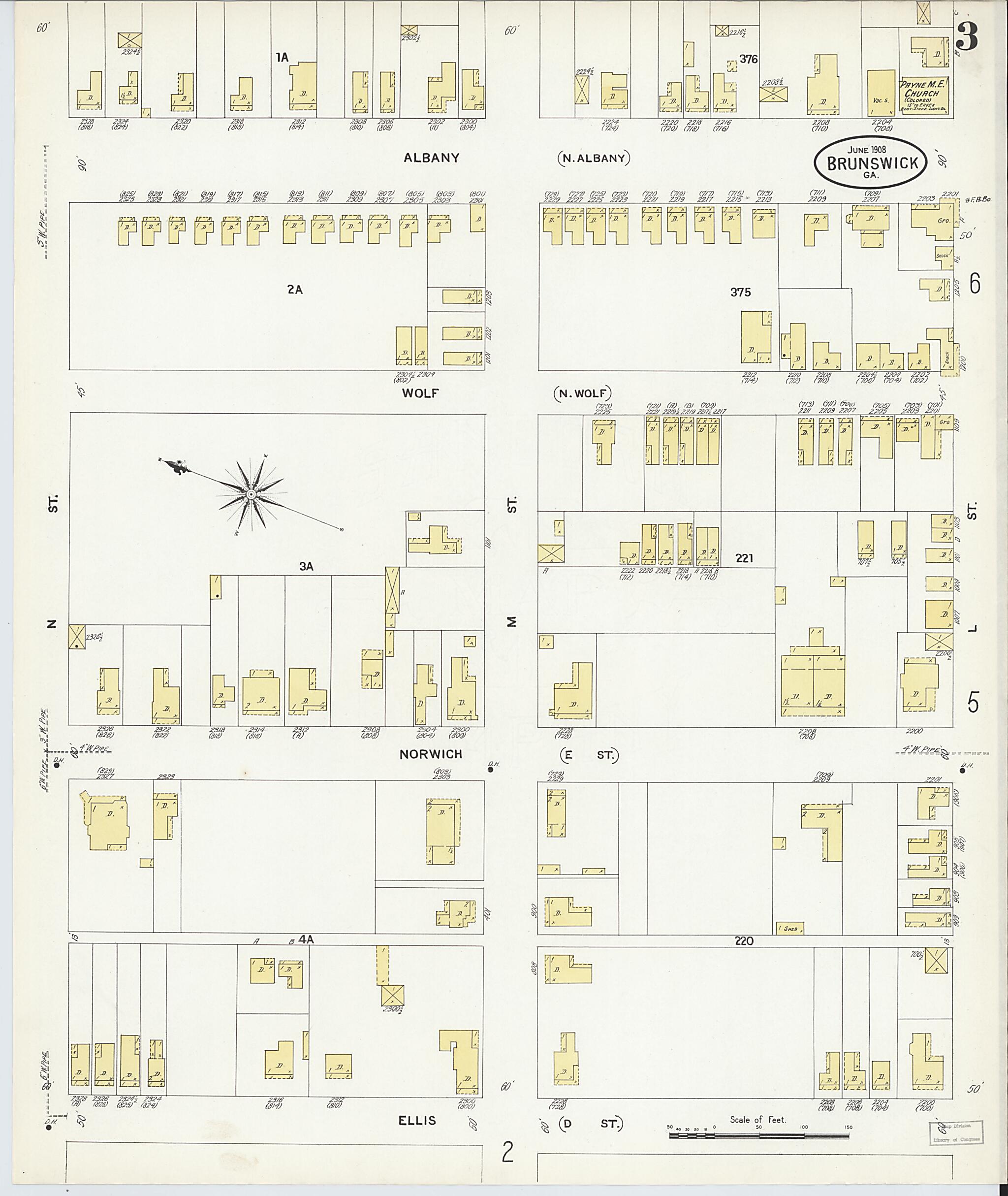 This old map of Brunswick, Glynn County, Georgia was created by Sanborn Map Company in 1908