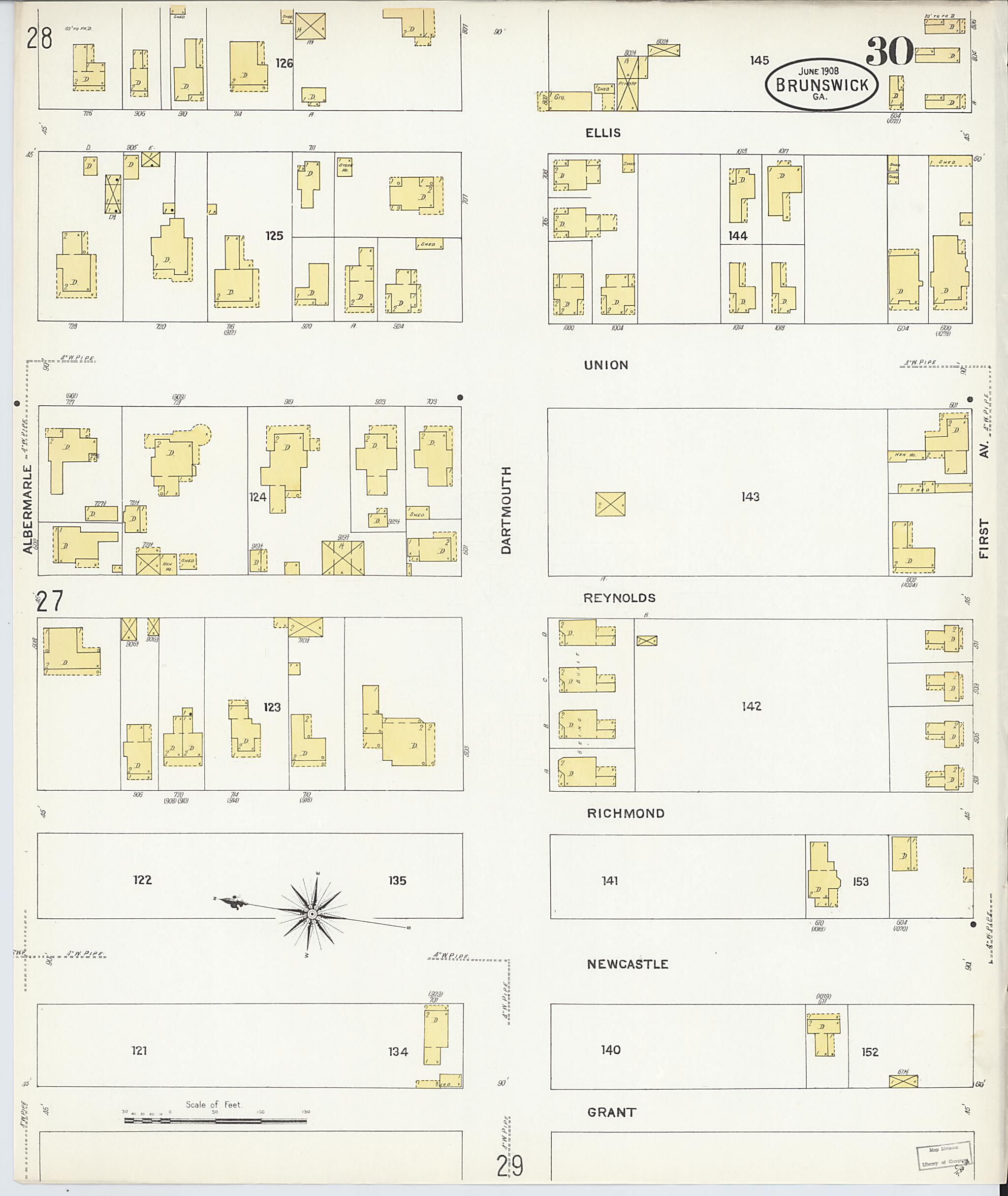 This old map of Brunswick, Glynn County, Georgia was created by Sanborn Map Company in 1908