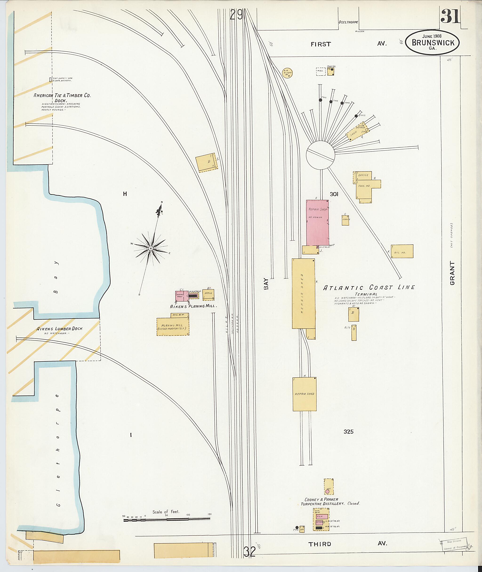 This old map of Brunswick, Glynn County, Georgia was created by Sanborn Map Company in 1908