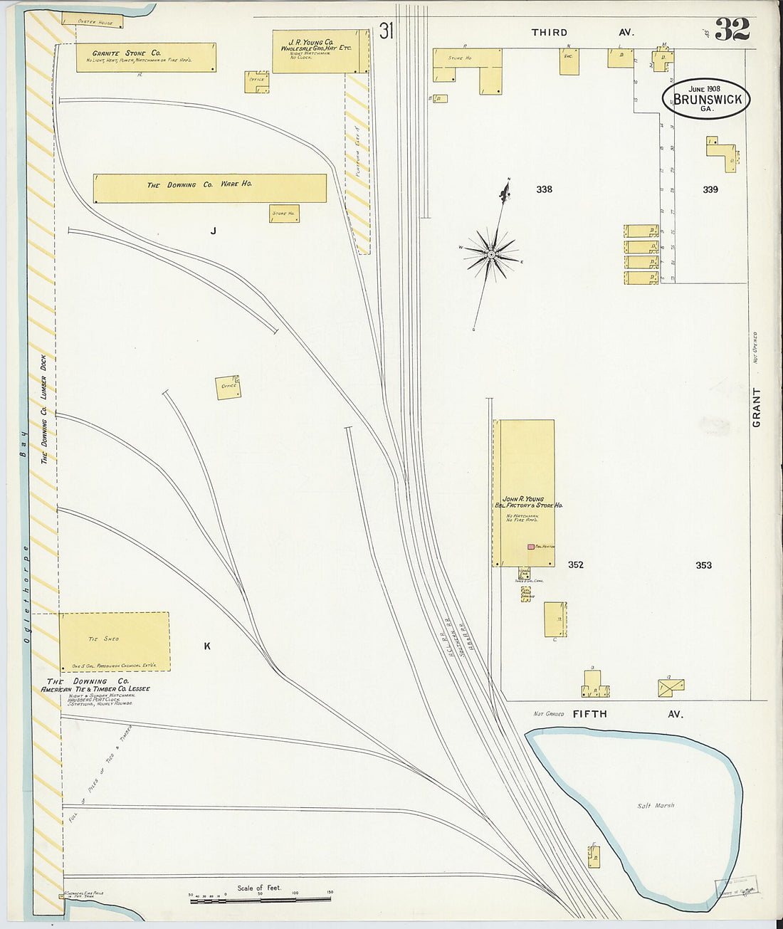 This old map of Brunswick, Glynn County, Georgia was created by Sanborn Map Company in 1908