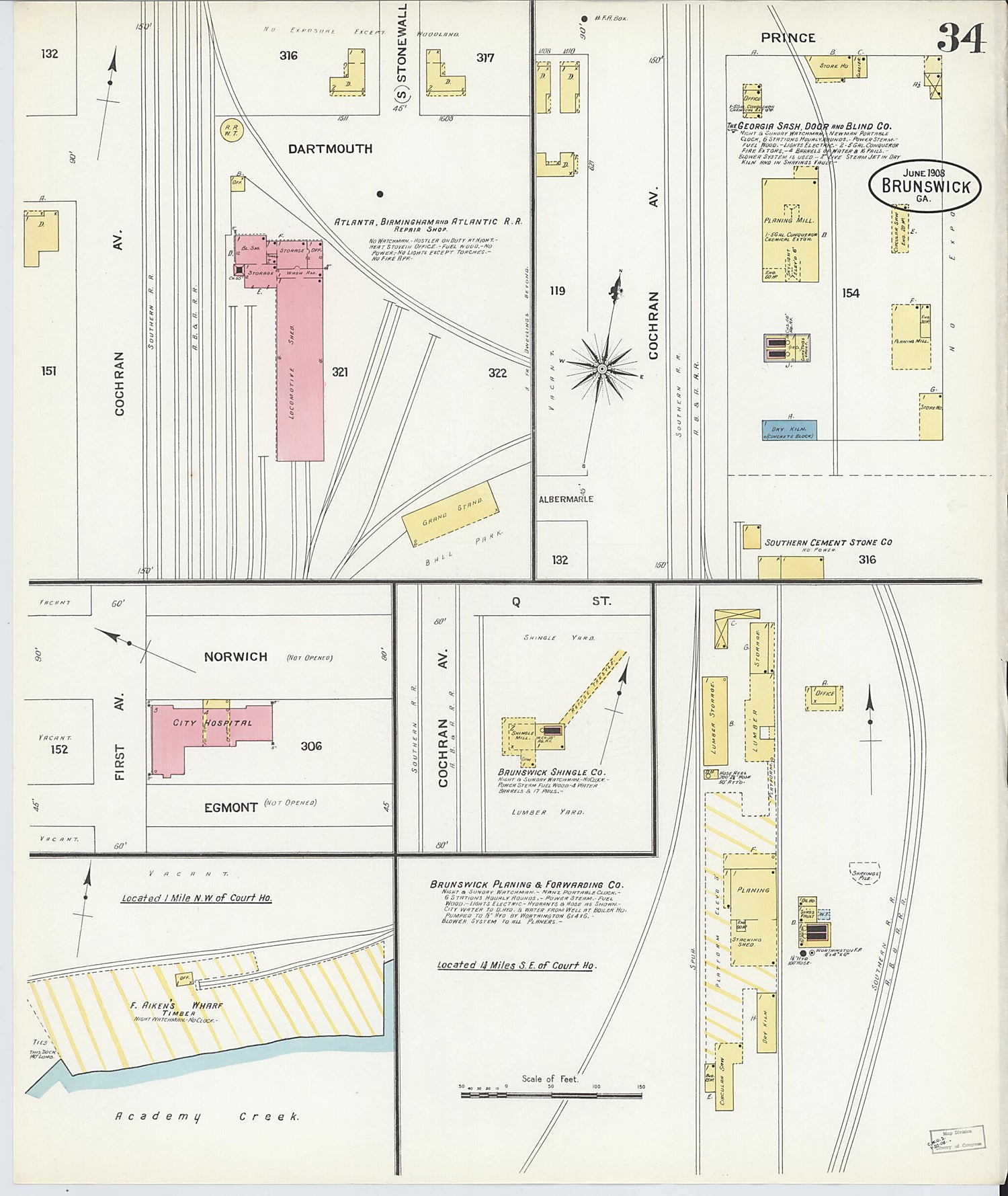 This old map of Brunswick, Glynn County, Georgia was created by Sanborn Map Company in 1908