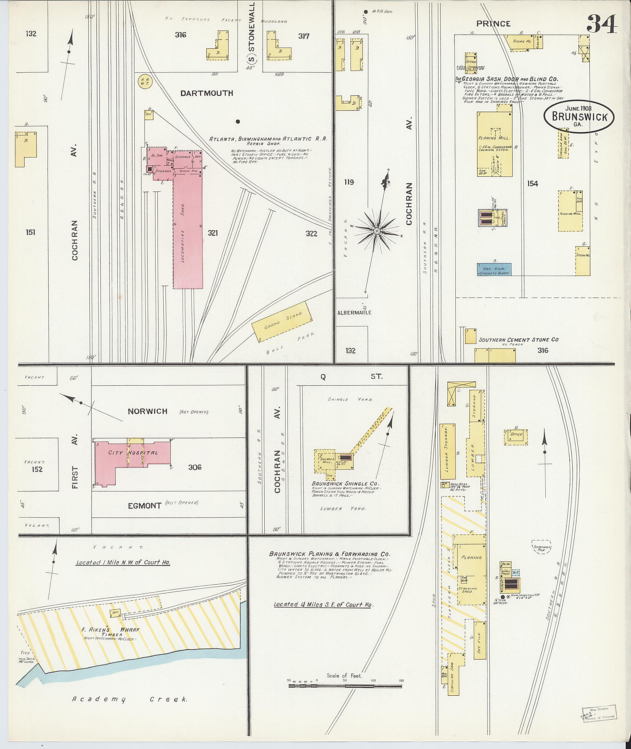 This old map of Brunswick, Glynn County, Georgia was created by Sanborn Map Company in 1908