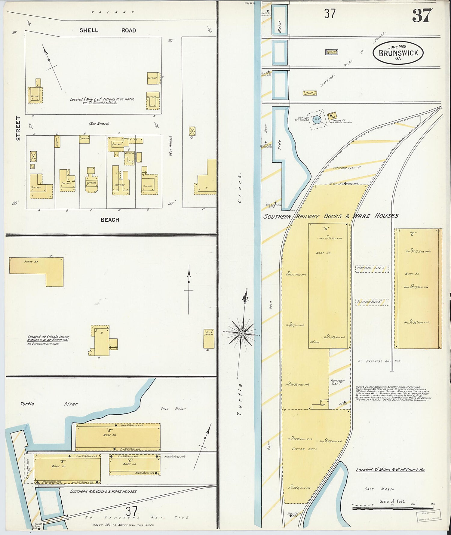 This old map of Brunswick, Glynn County, Georgia was created by Sanborn Map Company in 1908