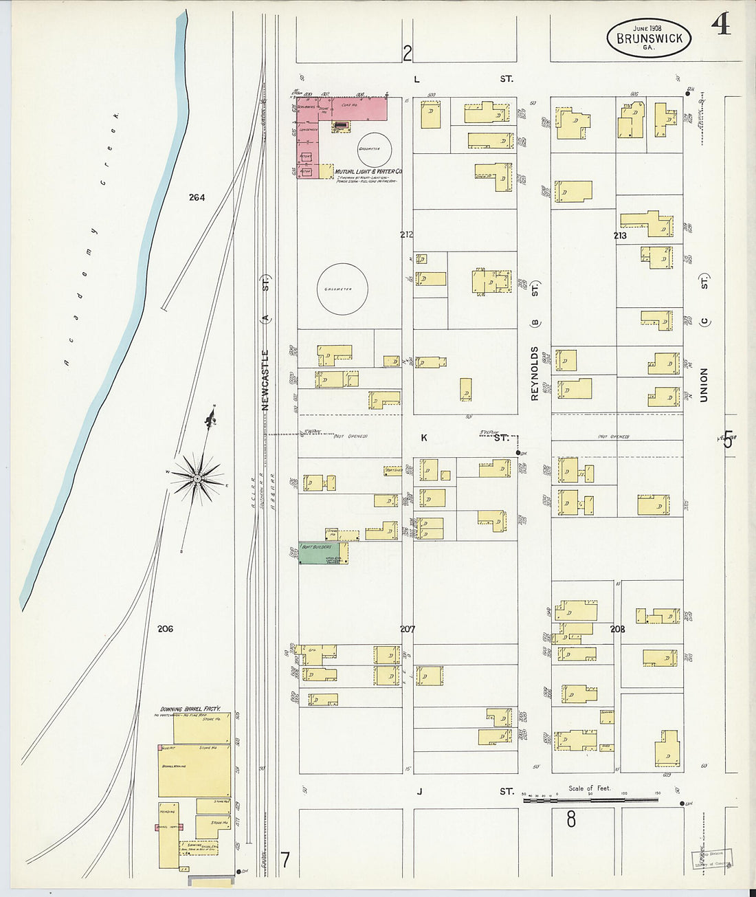 This old map of Brunswick, Glynn County, Georgia was created by Sanborn Map Company in 1908