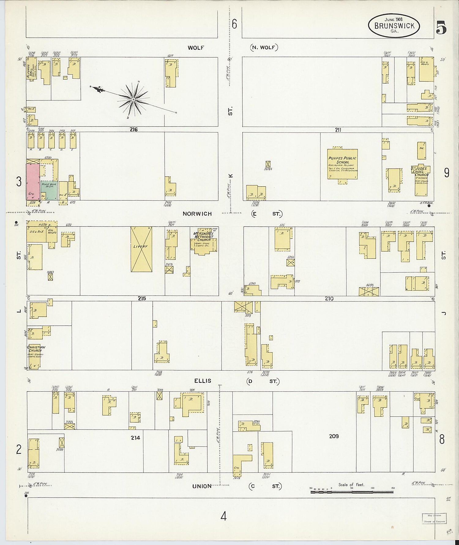 This old map of Brunswick, Glynn County, Georgia was created by Sanborn Map Company in 1908