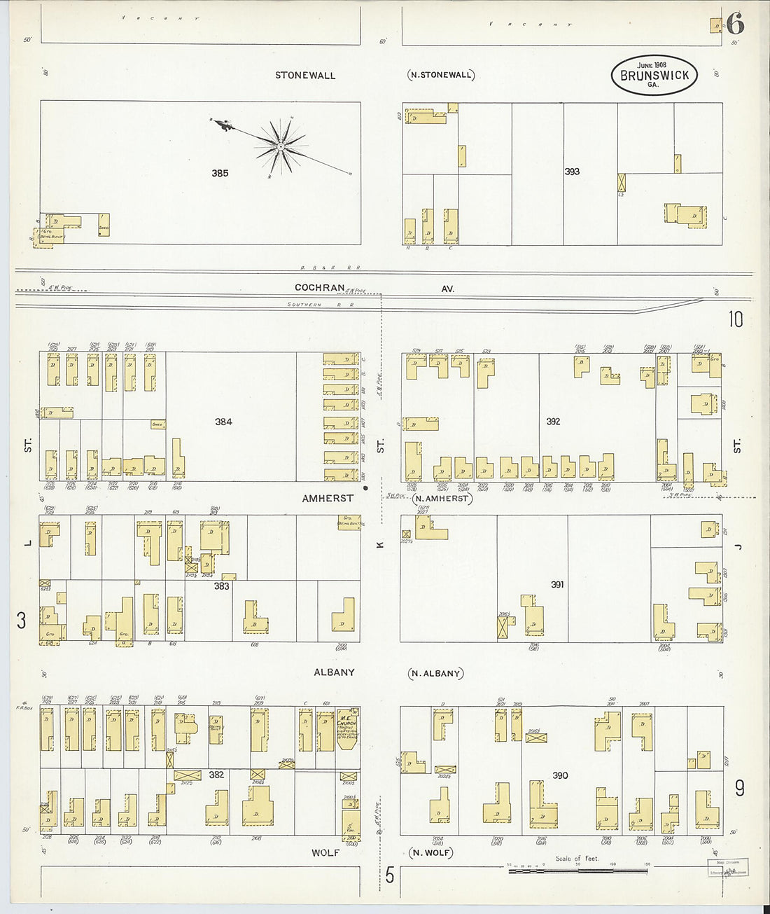 This old map of Brunswick, Glynn County, Georgia was created by Sanborn Map Company in 1908