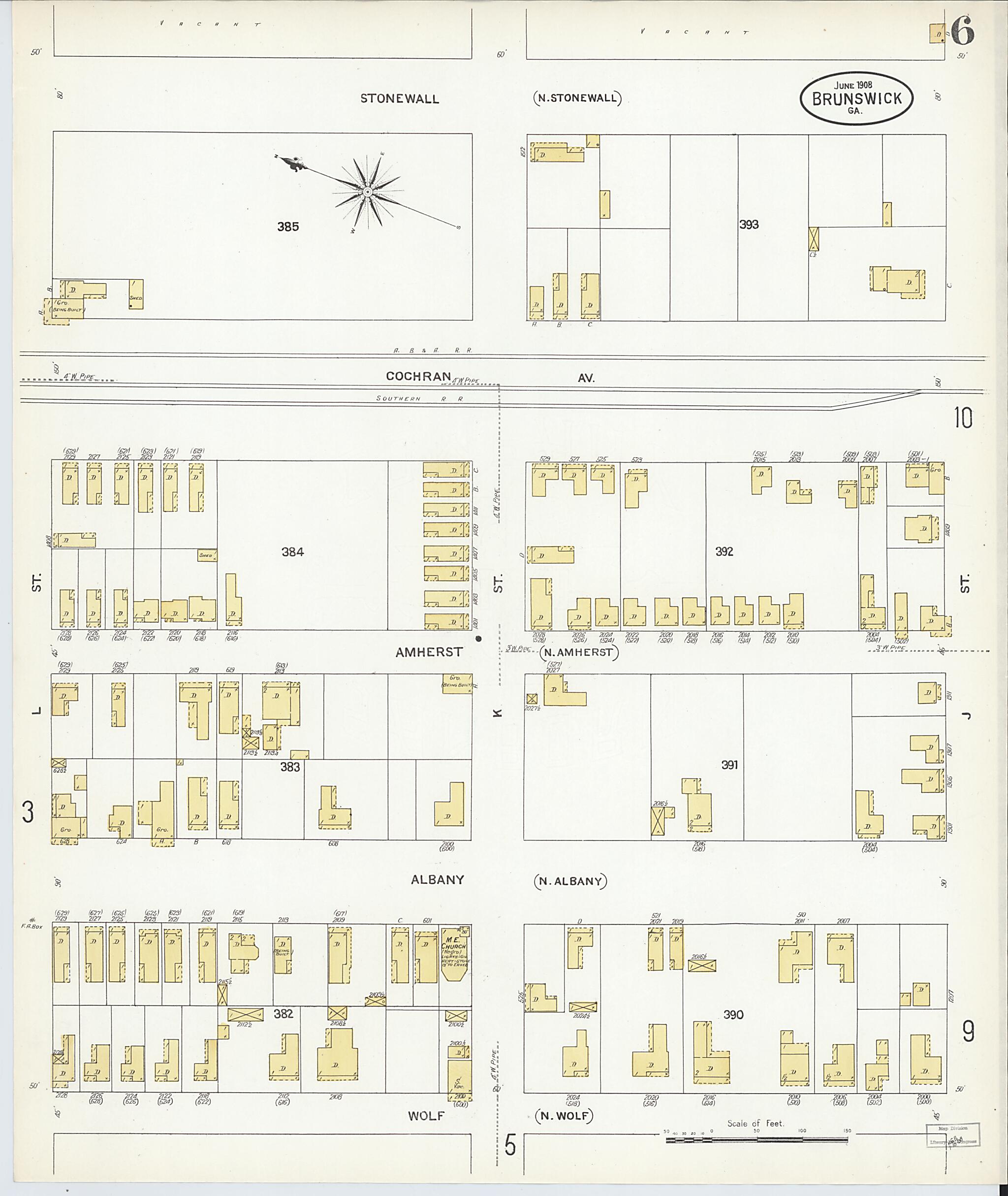 This old map of Brunswick, Glynn County, Georgia was created by Sanborn Map Company in 1908